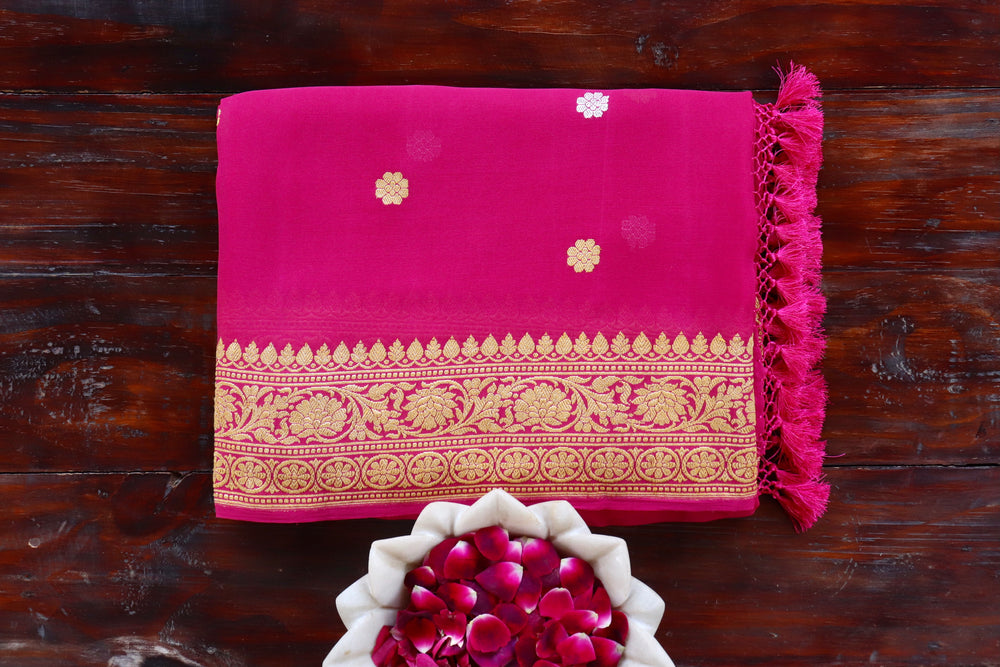 Magenta handloom Banarsi saree with kadhua motifs in Khadi Georgette silk