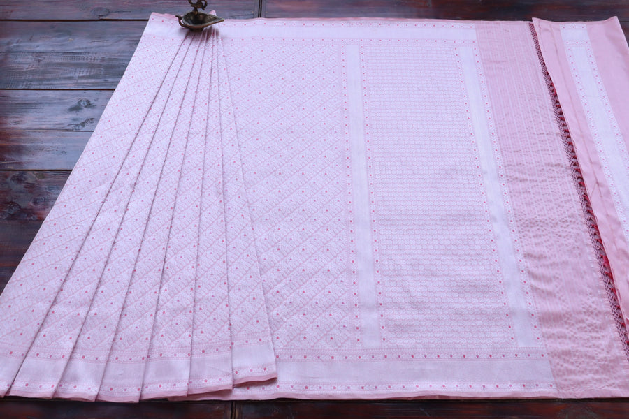 Baby Pink Meenadar Adda Tanchoi Pure Silk Handloom Banarasi Saree