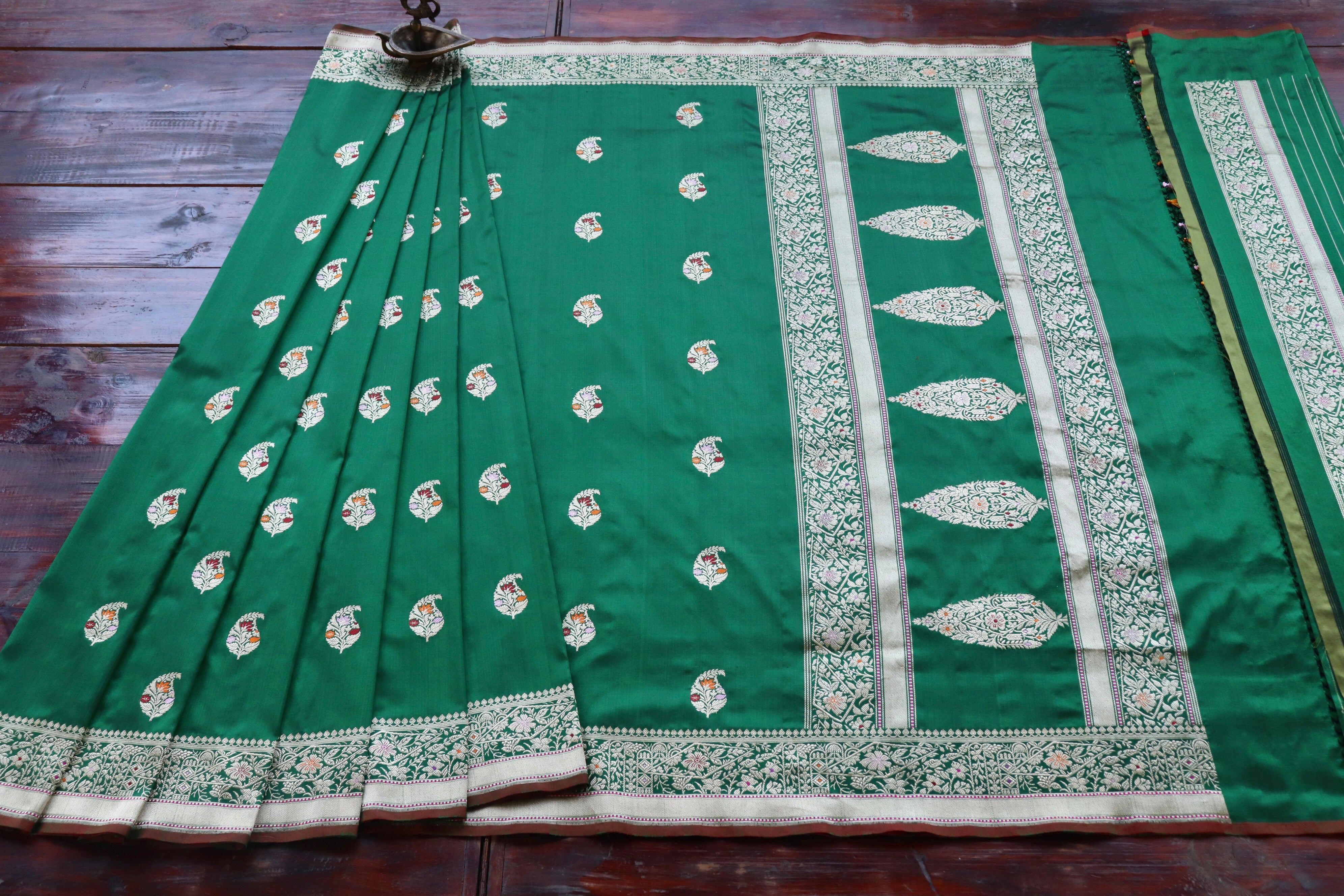 Bottle Green Kairy Pure Silk Handloom Banarasi Saree