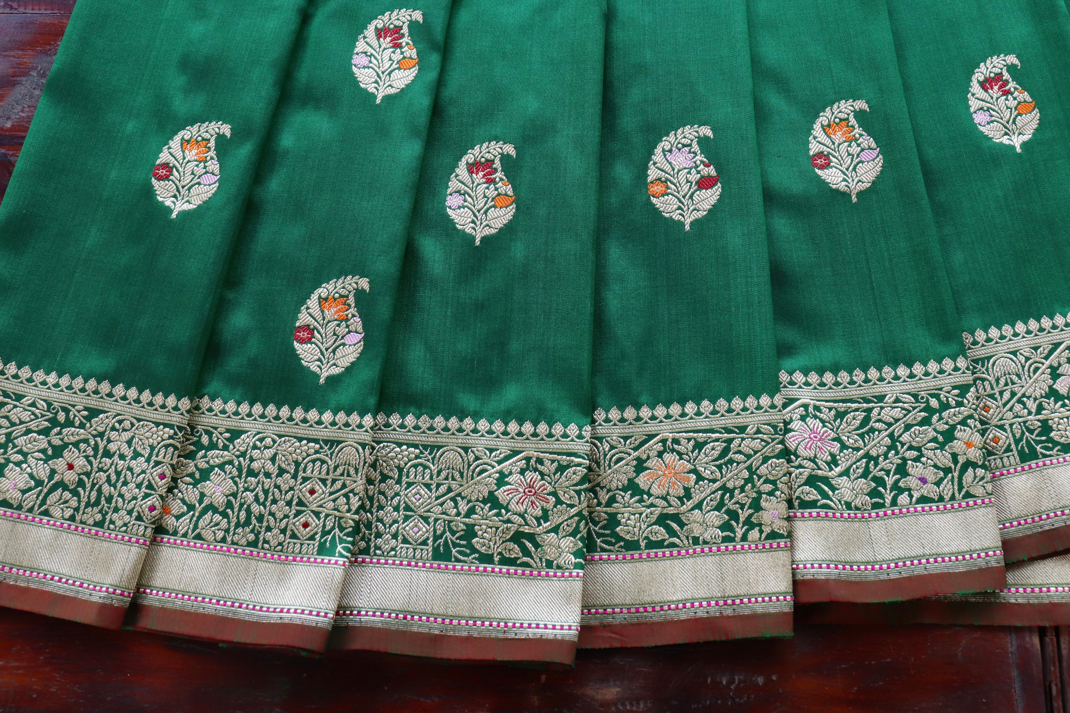 Bottle Green Kairy Pure Silk Handloom Banarasi Saree