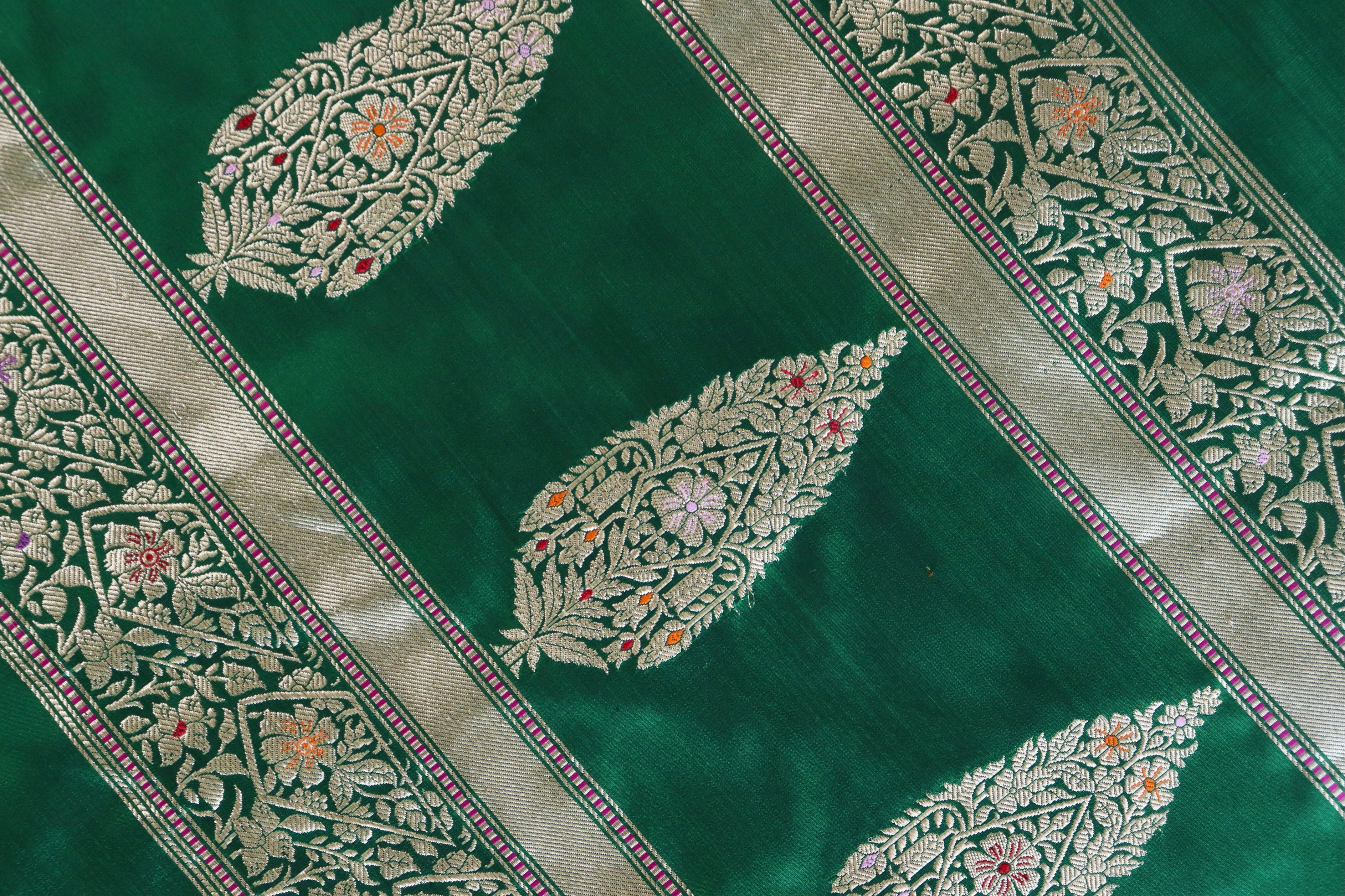 Bottle Green Kairy Pure Silk Handloom Banarasi Saree
