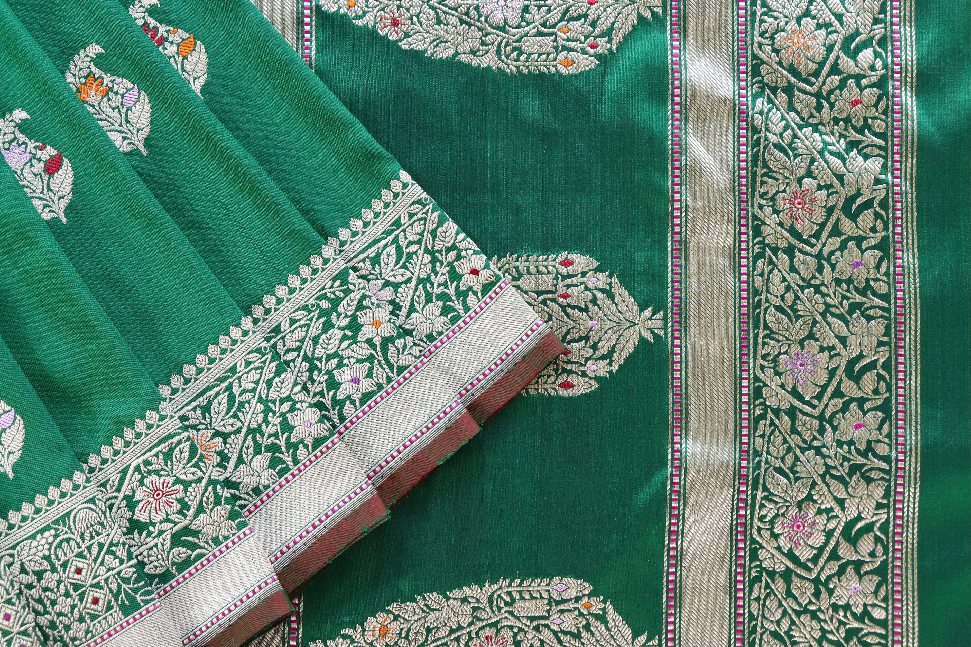 Bottle Green Kairy Pure Silk Handloom Banarasi Saree