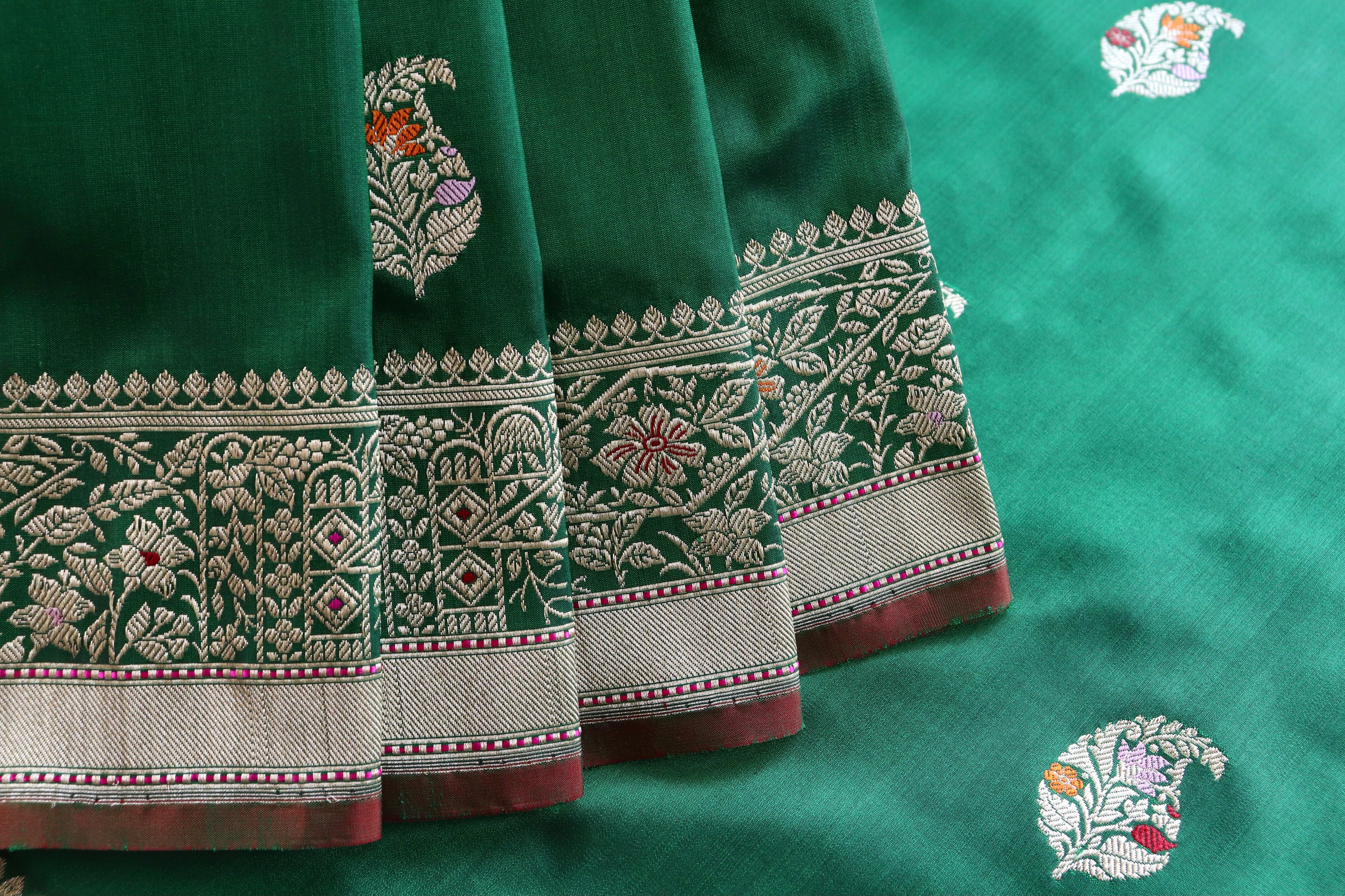 Bottle Green Kairy Pure Silk Handloom Banarasi Saree