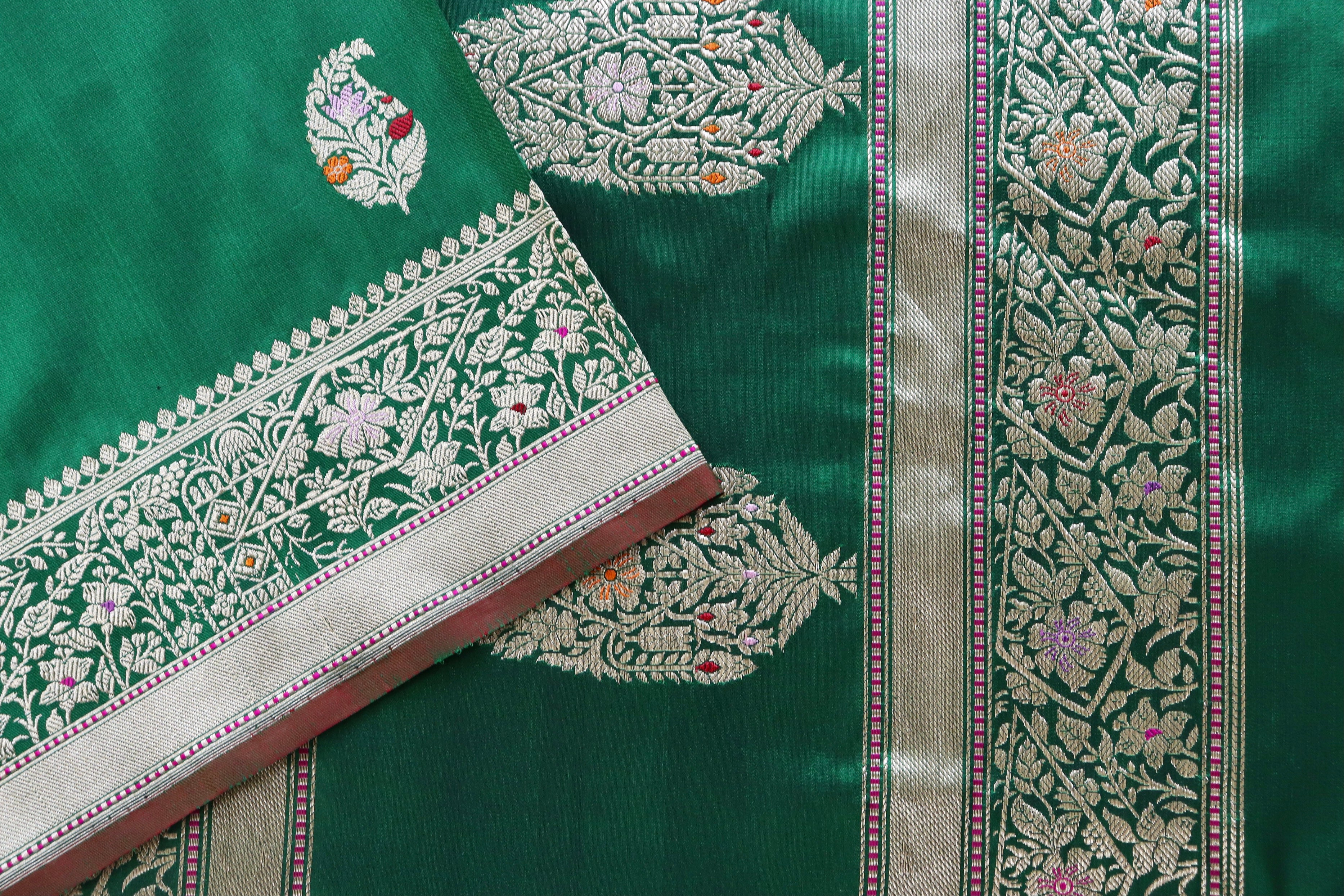 Bottle Green Kairy Pure Silk Handloom Banarasi Saree