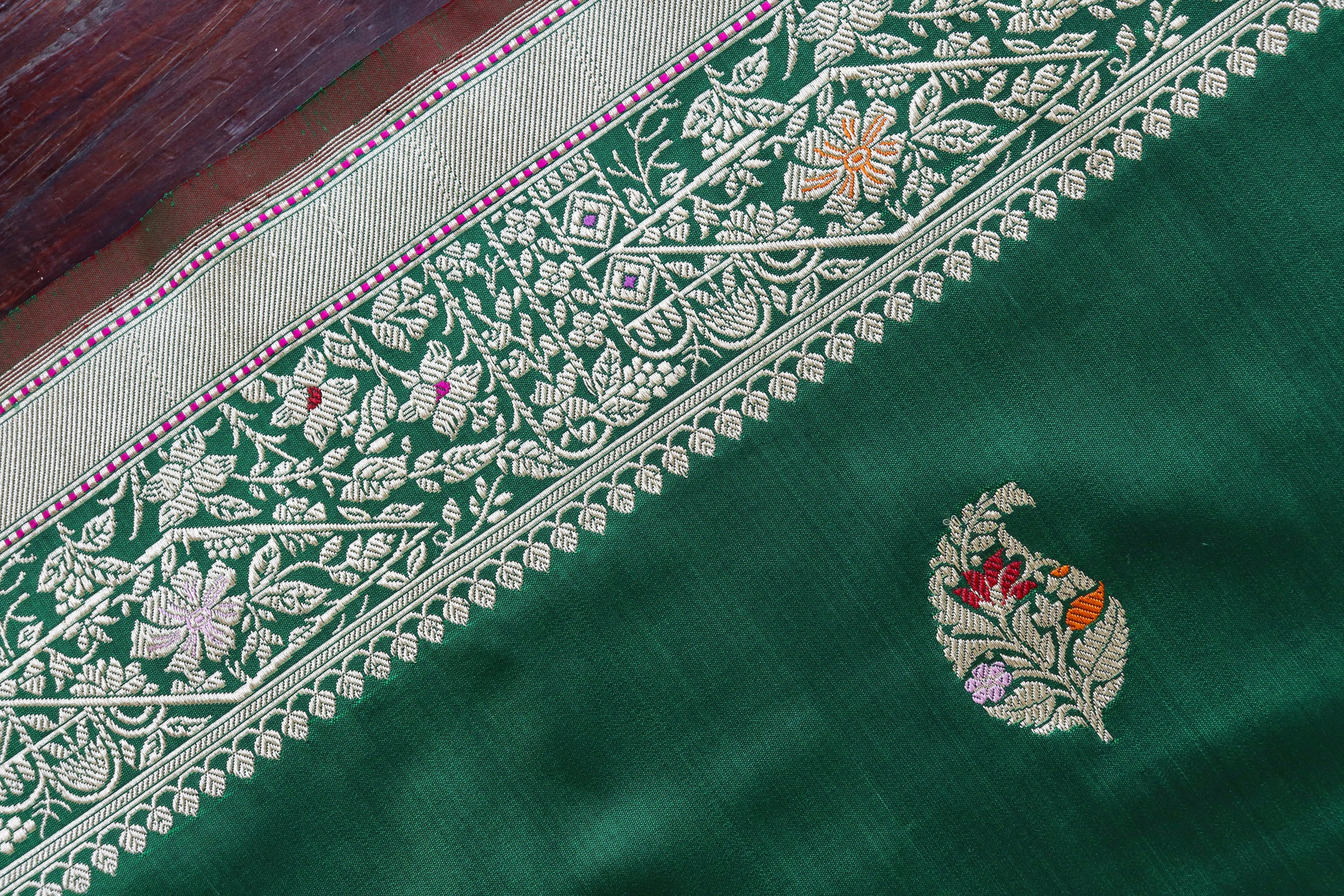 Bottle Green Kairy Pure Silk Handloom Banarasi Saree