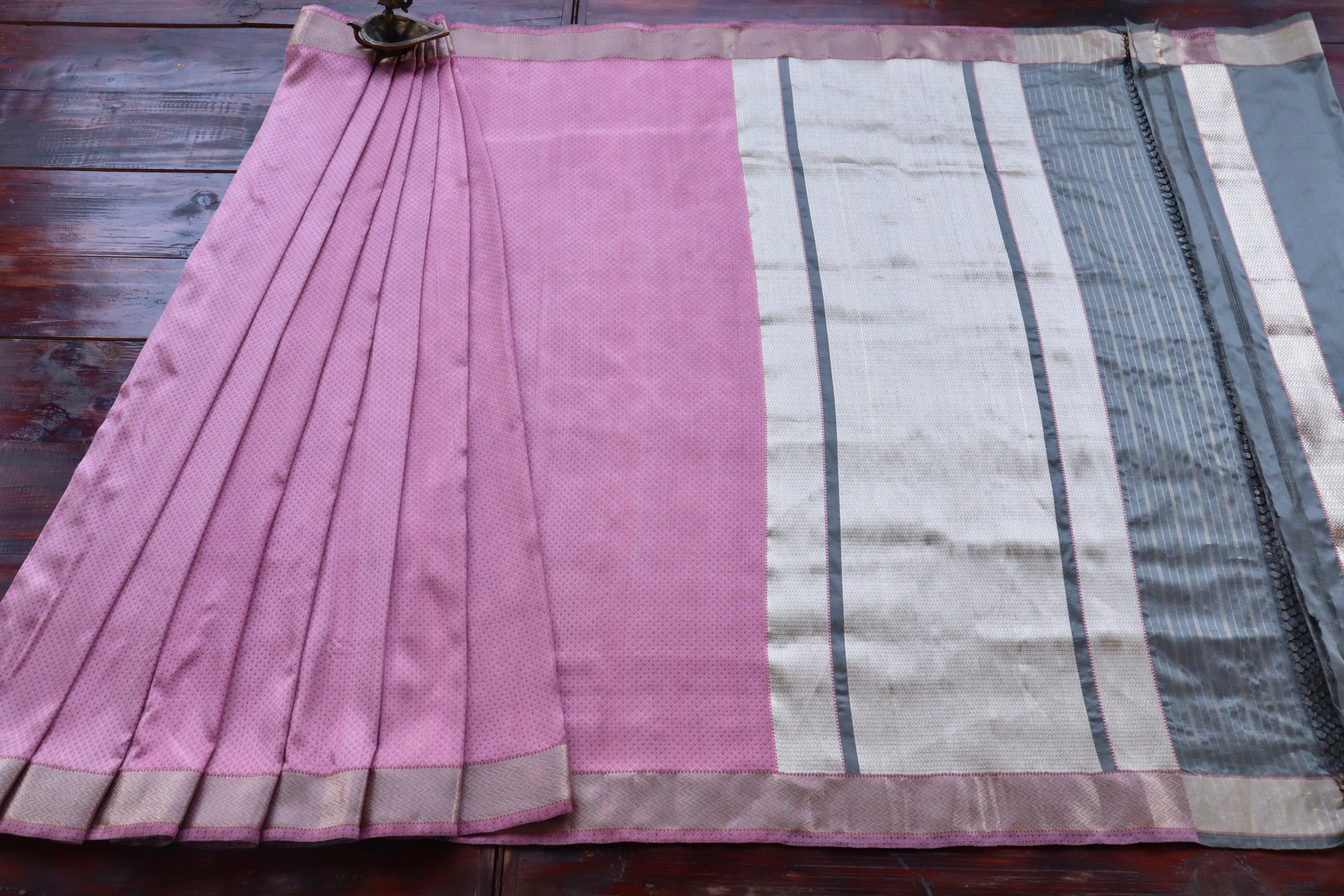 Pink And Grey Do Rukhi Resham Handwoven Banarasi Tanchoi Silk Saree