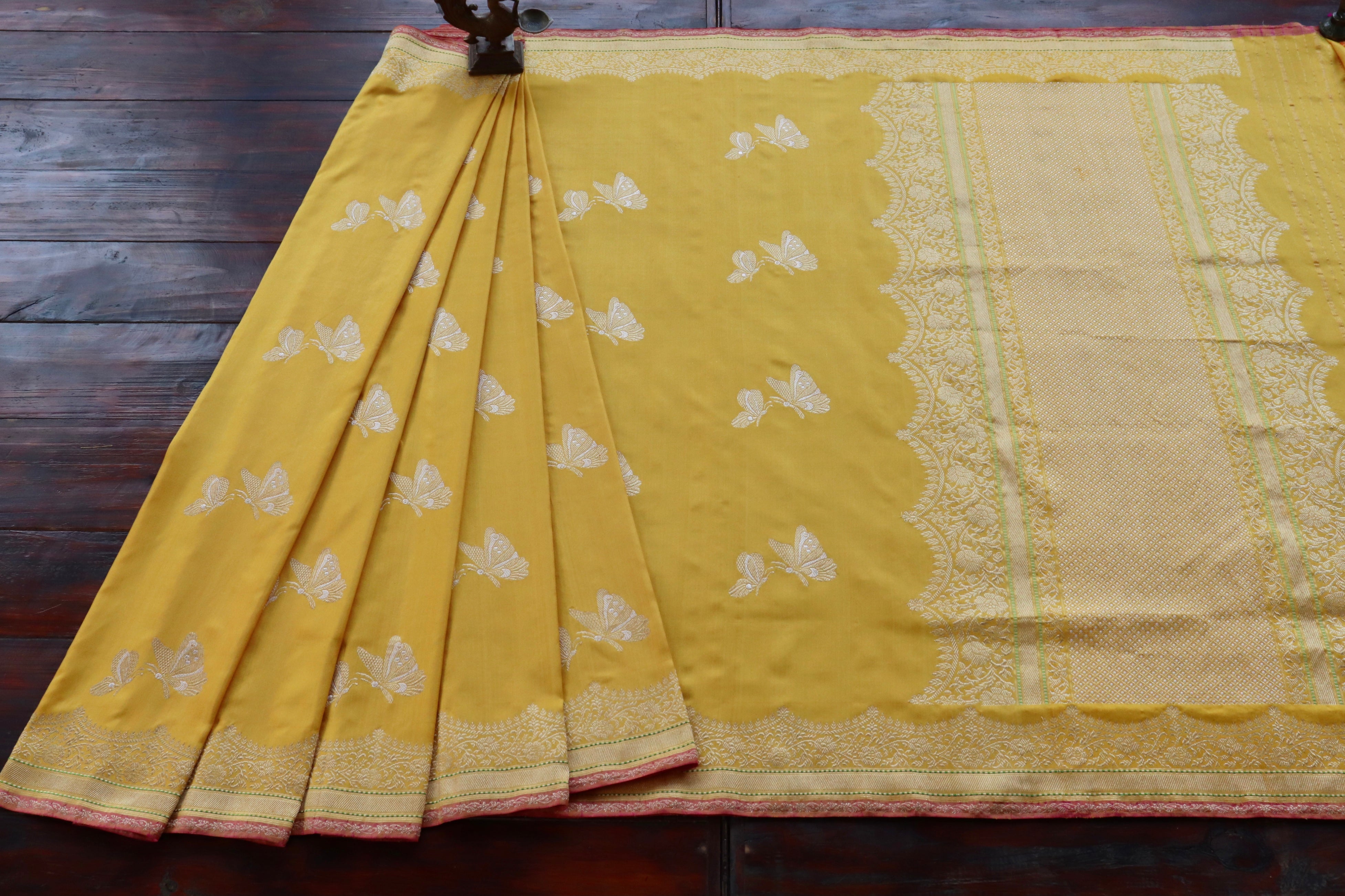 Mango Yellow Butterfly Motif Pure Silk Handloom Banarasi Saree