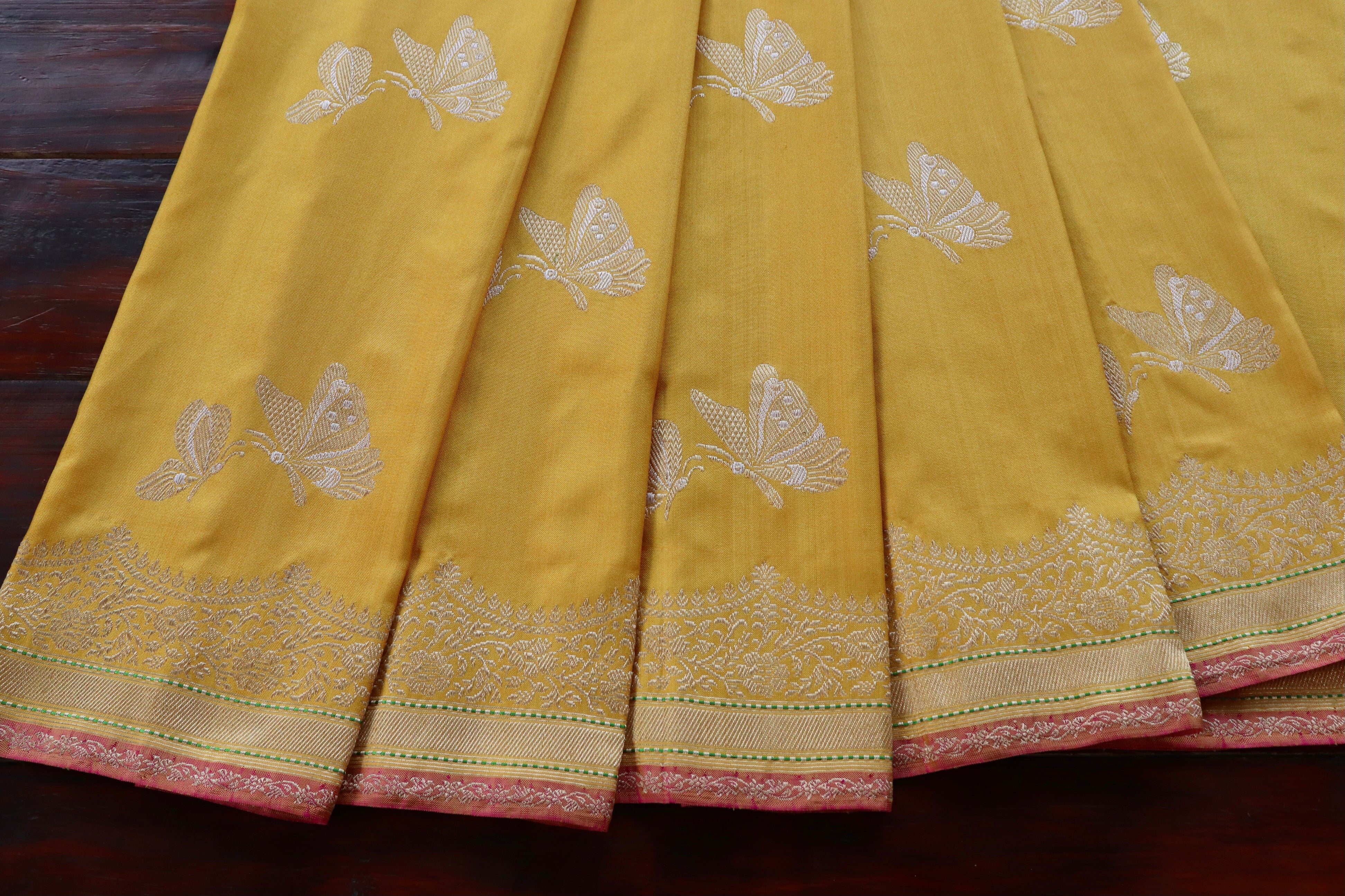 Mustard Yellow Butterfly Motif Pure Silk Handloom Banarasi Saree