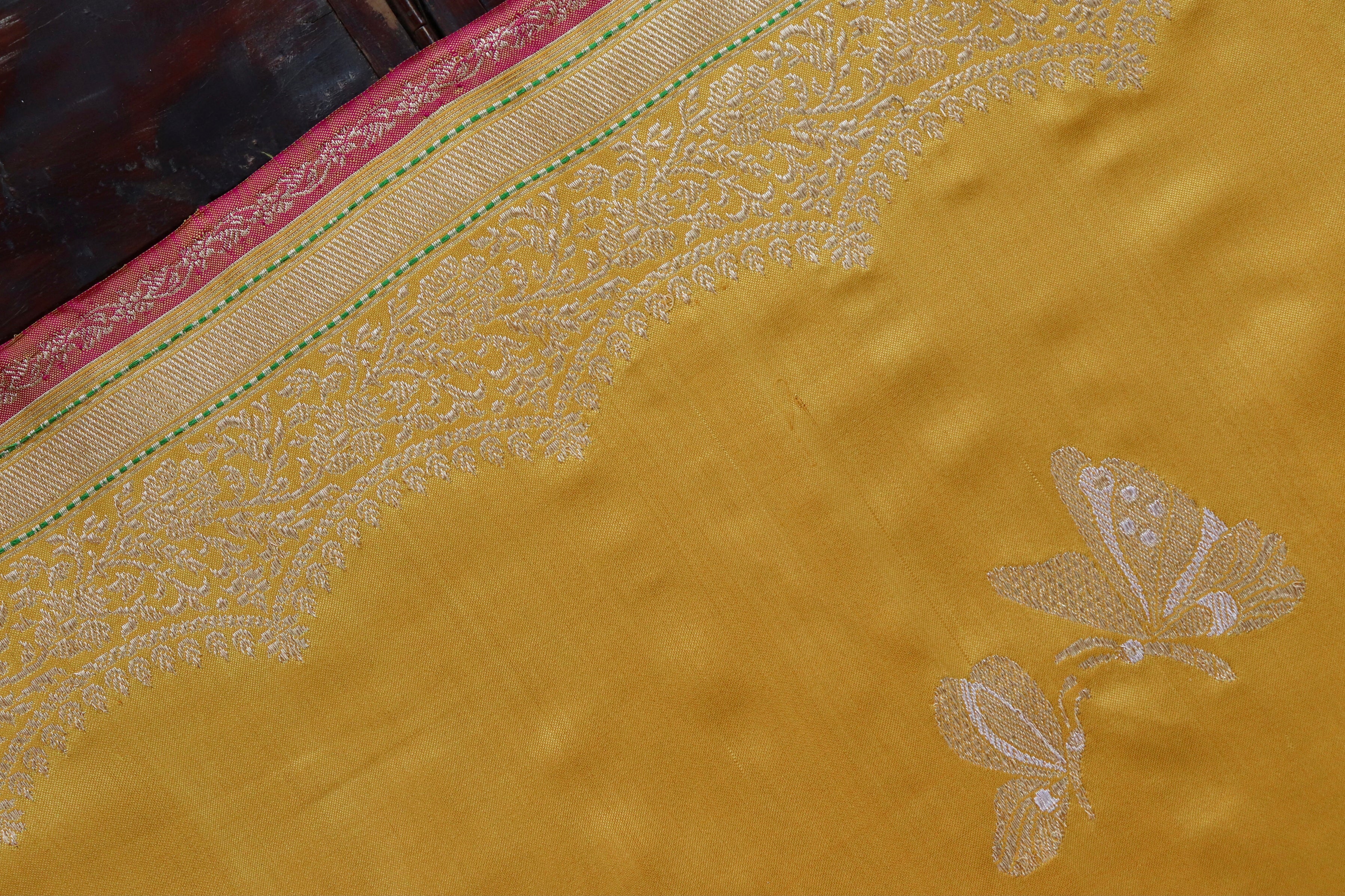 Mustard Yellow Butterfly Motif Pure Silk Handloom Banarasi Saree