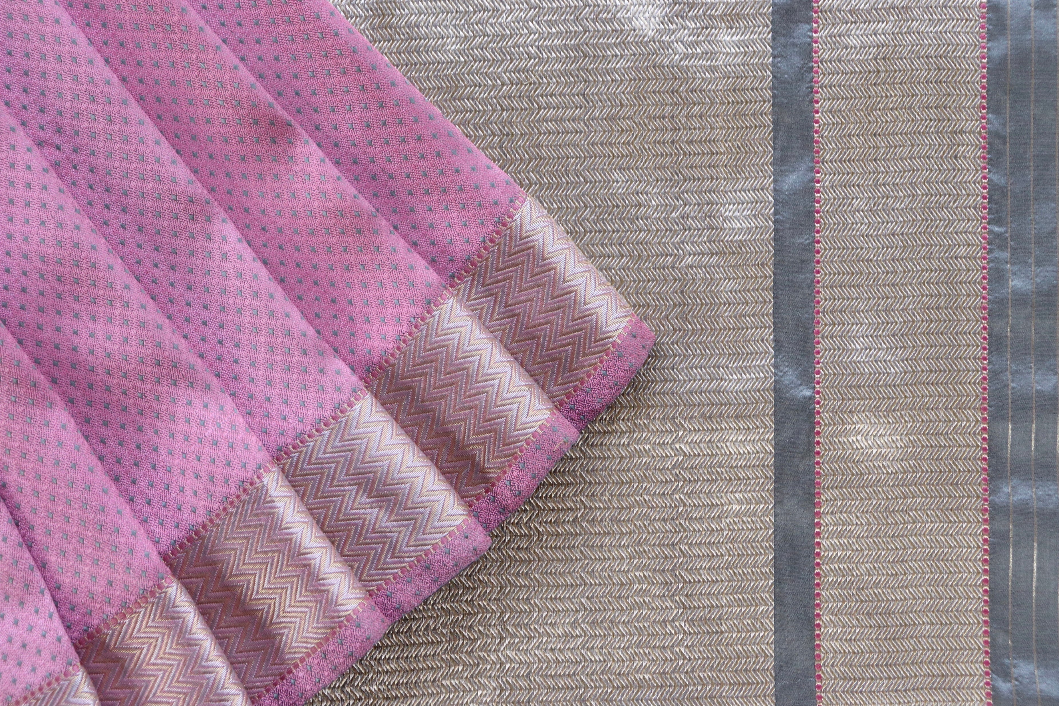 Pink And Grey Do Rukhi Resham Handwoven Banarasi Tanchoi Silk Saree