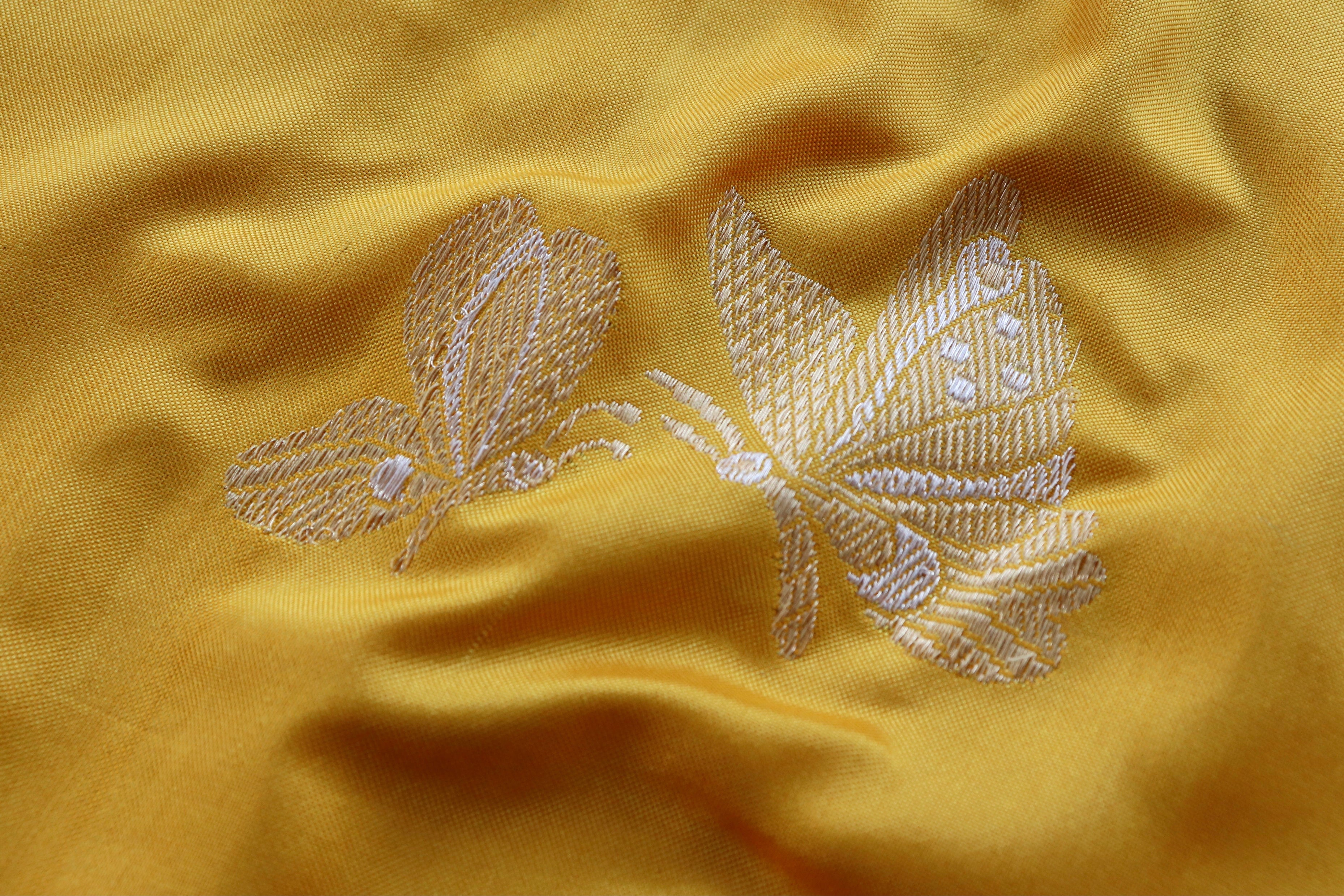 Mango Yellow Butterfly Motif Pure Silk Handloom Banarasi Saree