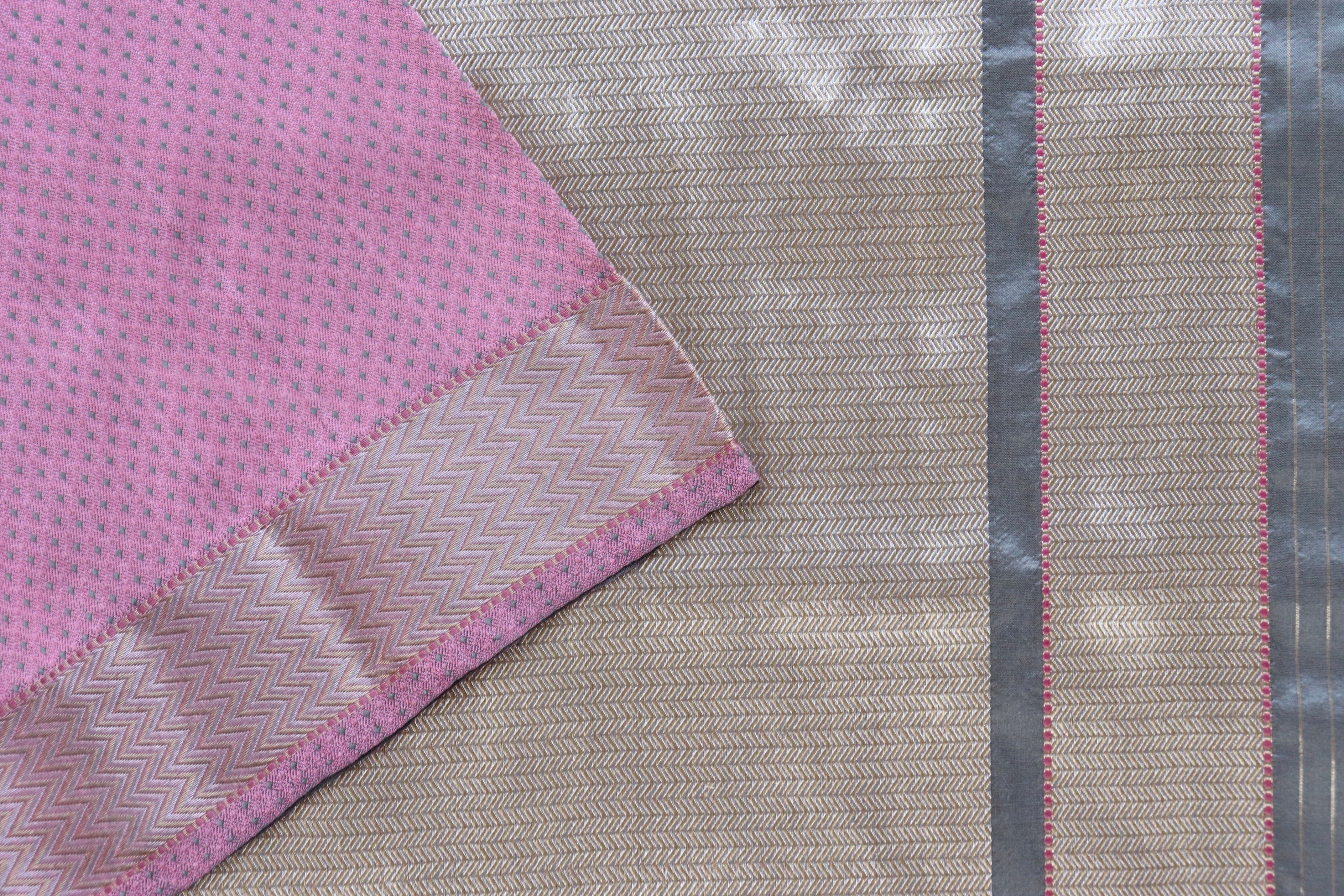 Pink And Grey Do Rukhi Resham Handwoven Banarasi Tanchoi Silk Saree