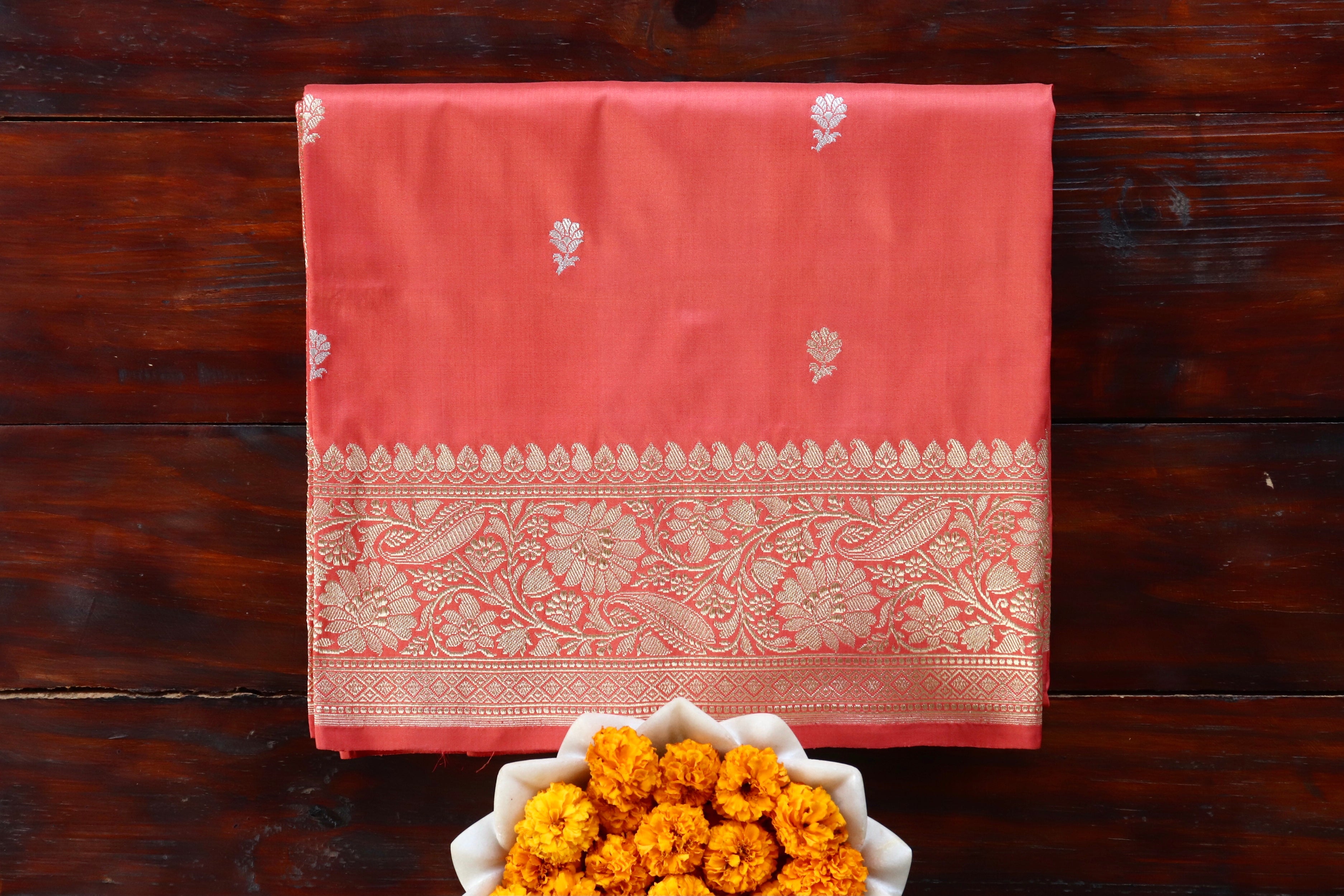 Tangerine Orange Motif Pure Silk Handloom Banarasi Saree