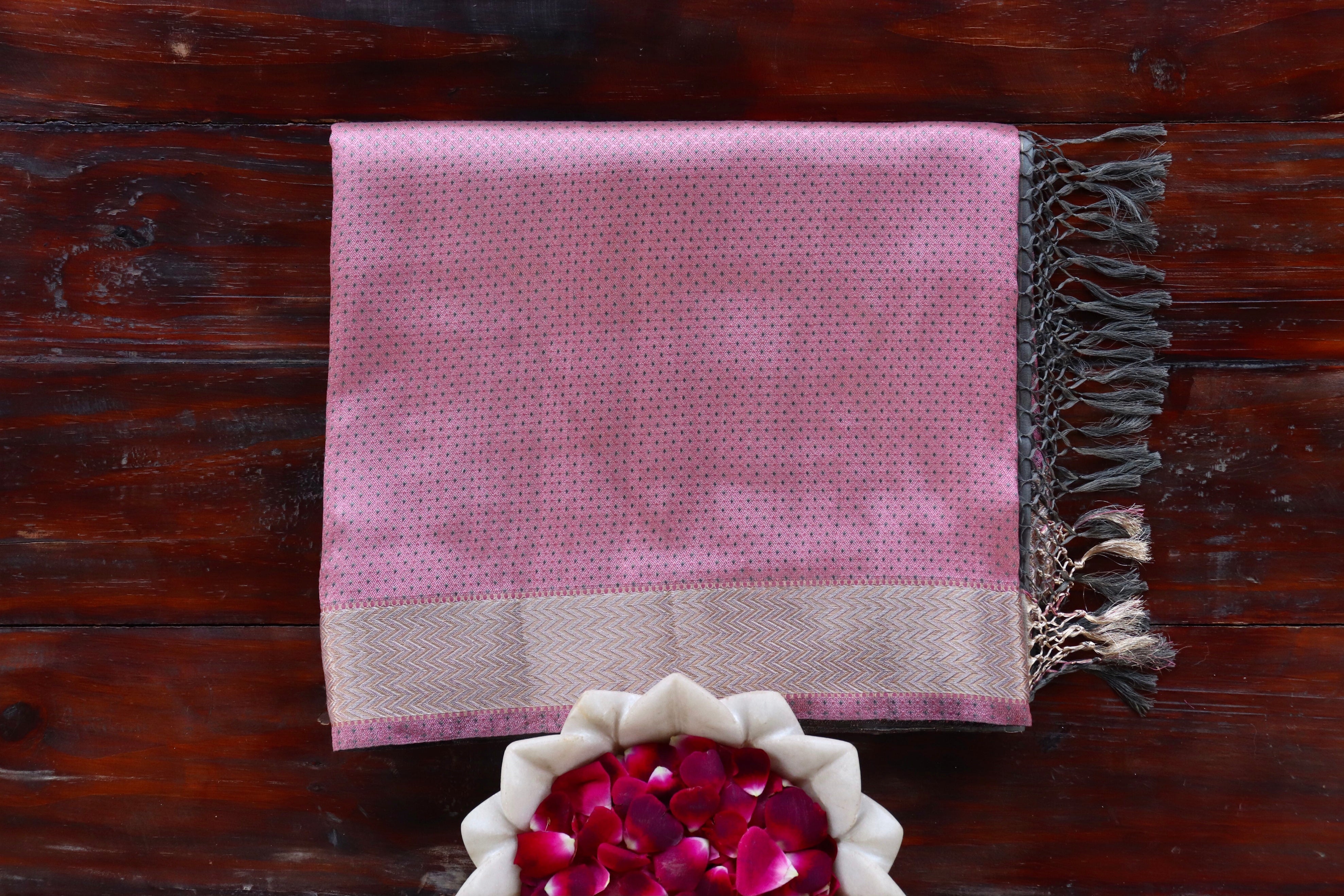 Pink And Grey Do Rukhi Resham Handwoven Banarasi Tanchoi Silk Saree