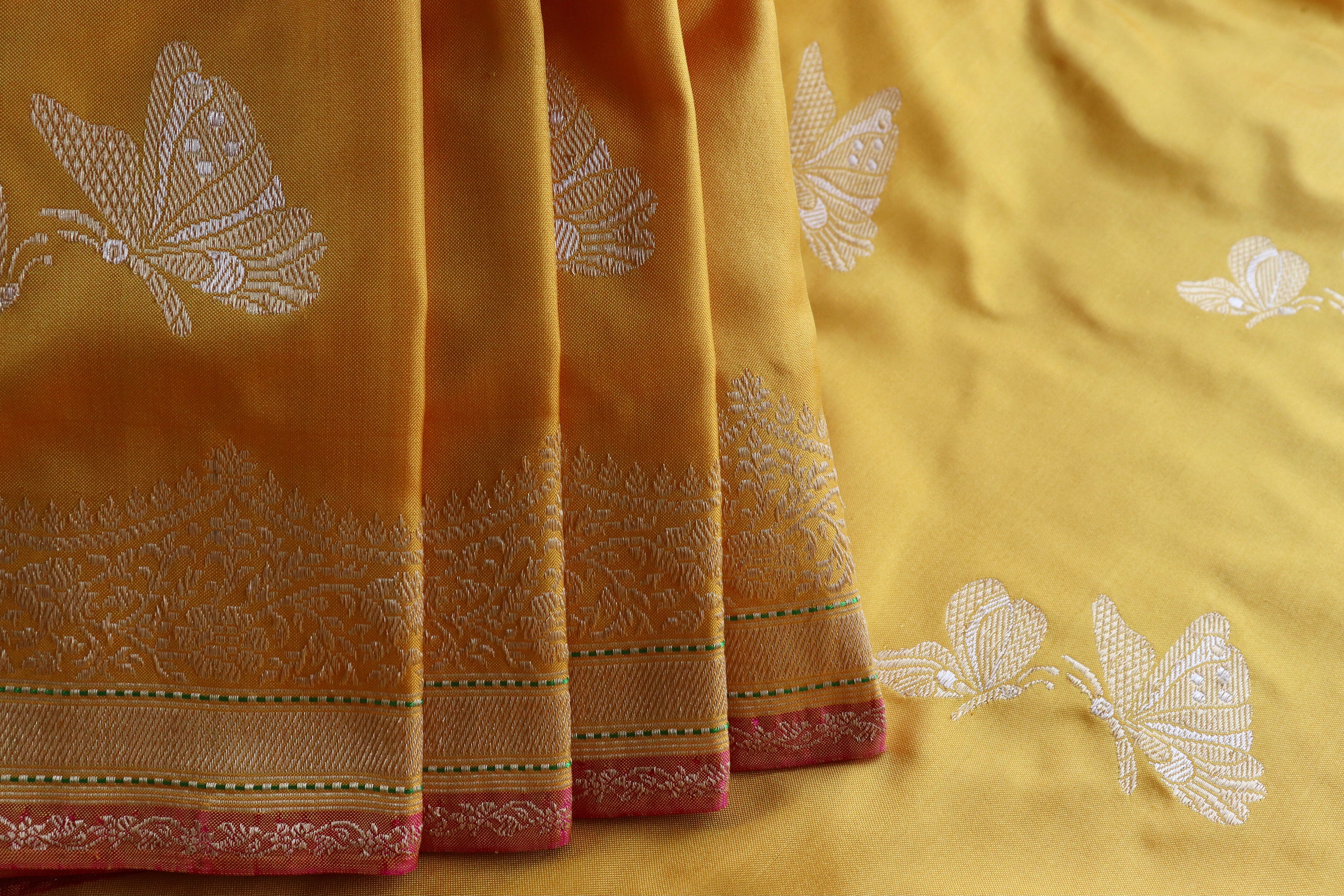 Mustard Yellow Butterfly Motif Pure Silk Handloom Banarasi Saree