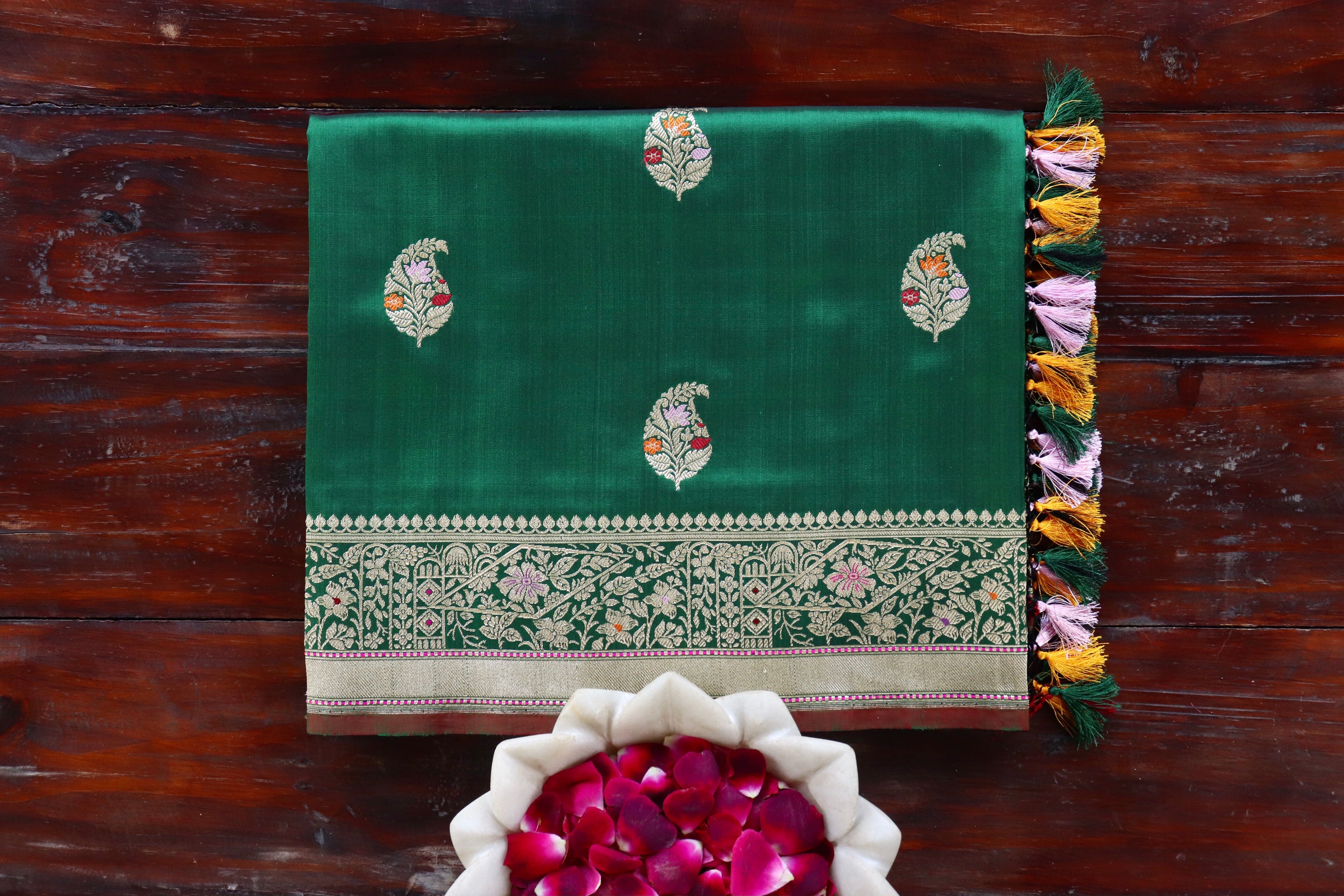 Bottle Green Kairy Pure Silk Handloom Banarasi Saree
