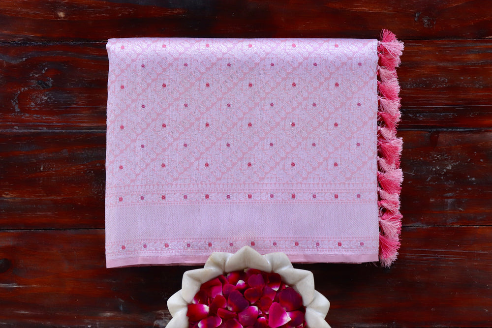 Baby Pink handloom Banarsi saree with tanchoi motifs in pure silk