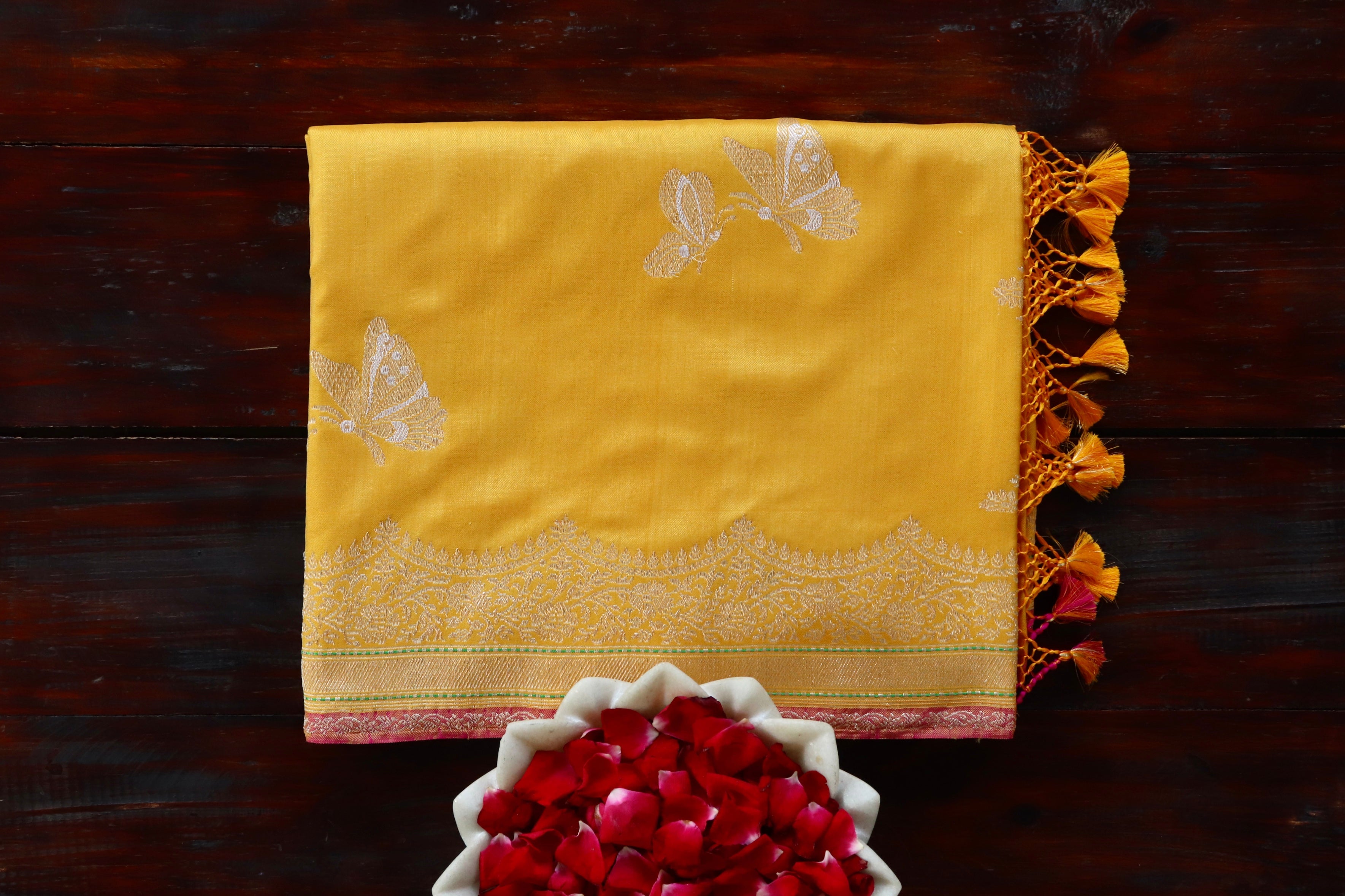 Mustard Yellow Butterfly Motif Pure Silk Handloom Banarasi Saree