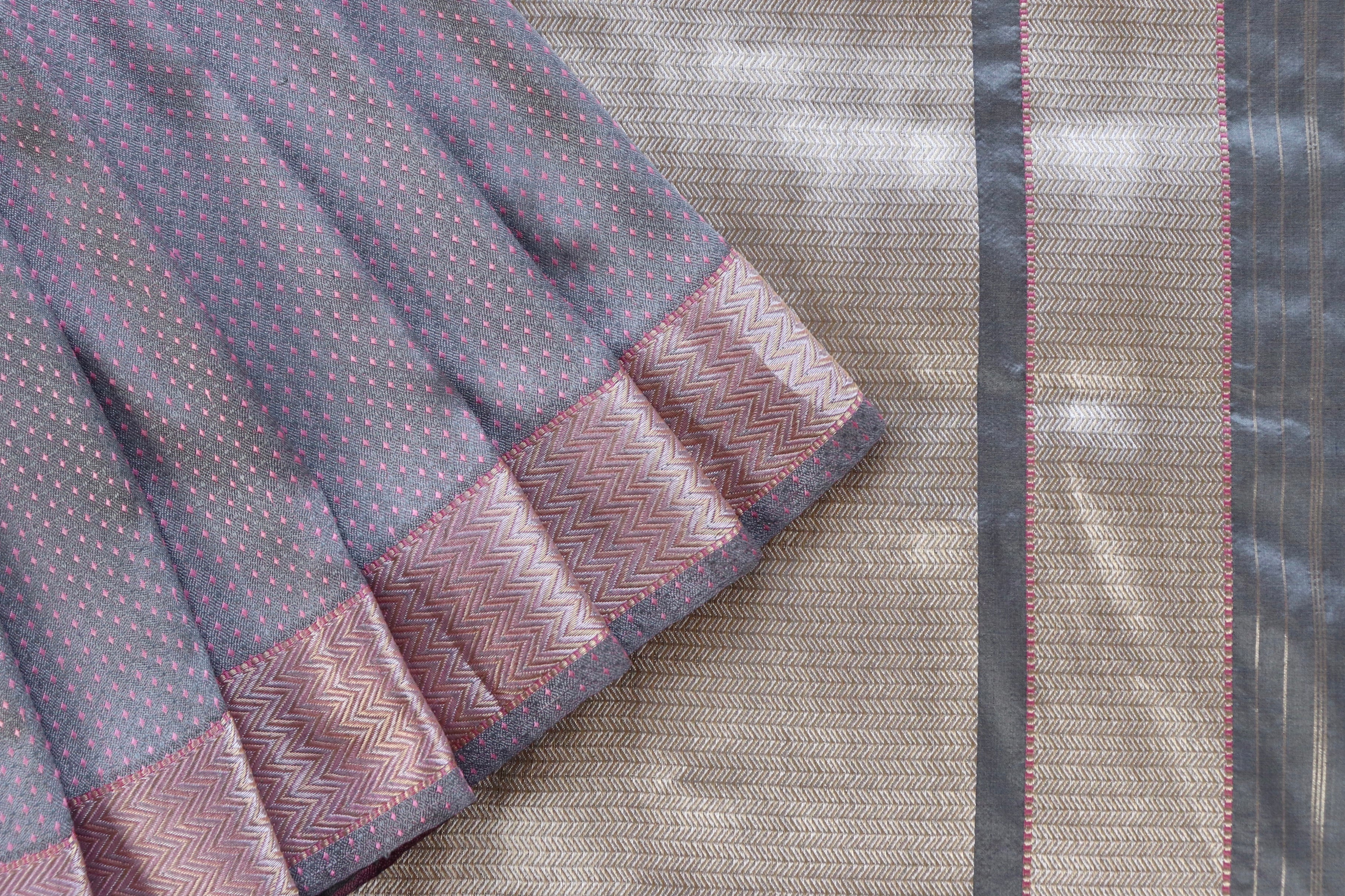 Pink And Grey Do Rukhi Resham Handwoven Banarasi Tanchoi Silk Saree