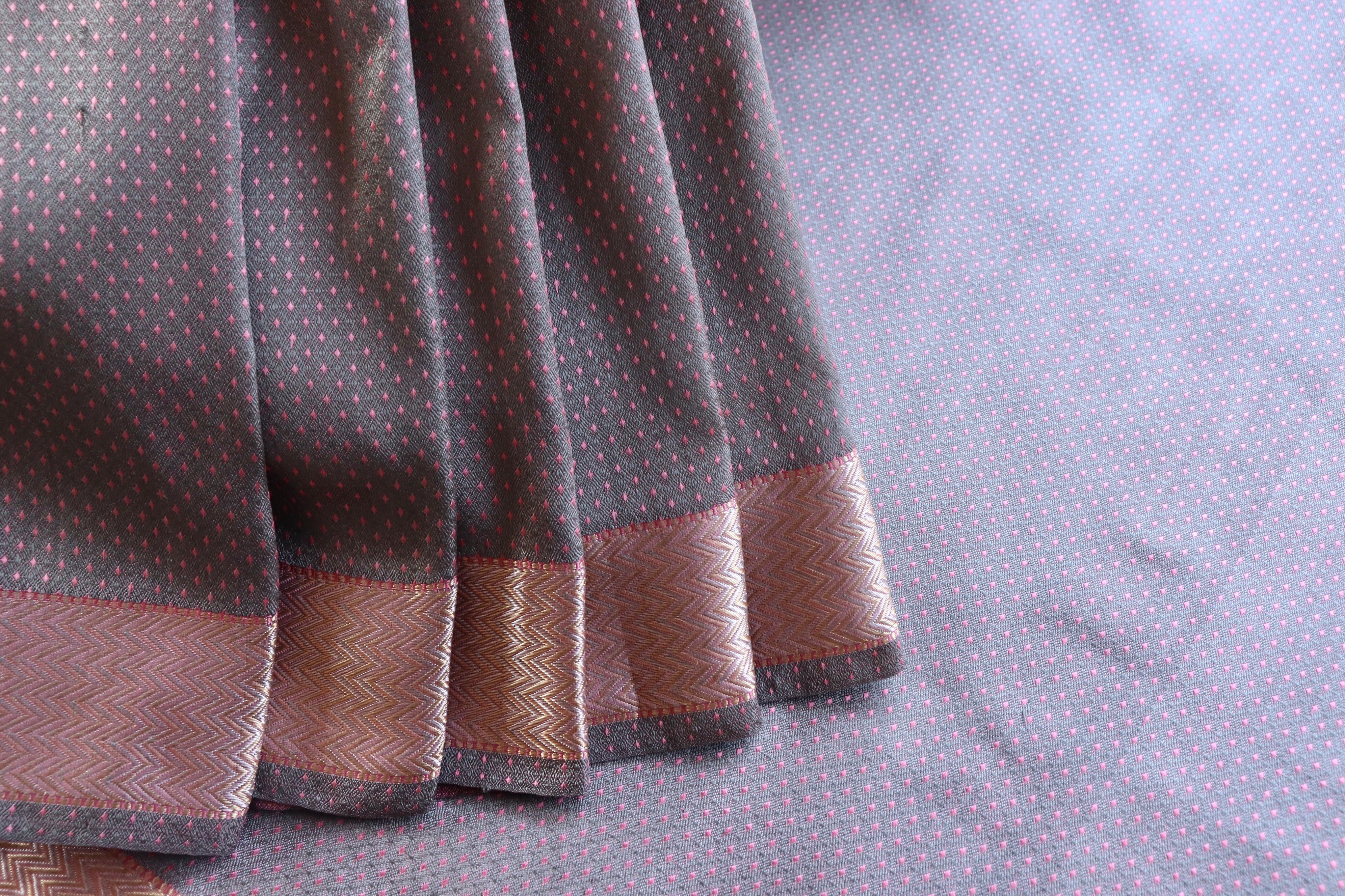 Pink And Grey Do Rukhi Resham Handwoven Banarasi Tanchoi Silk Saree