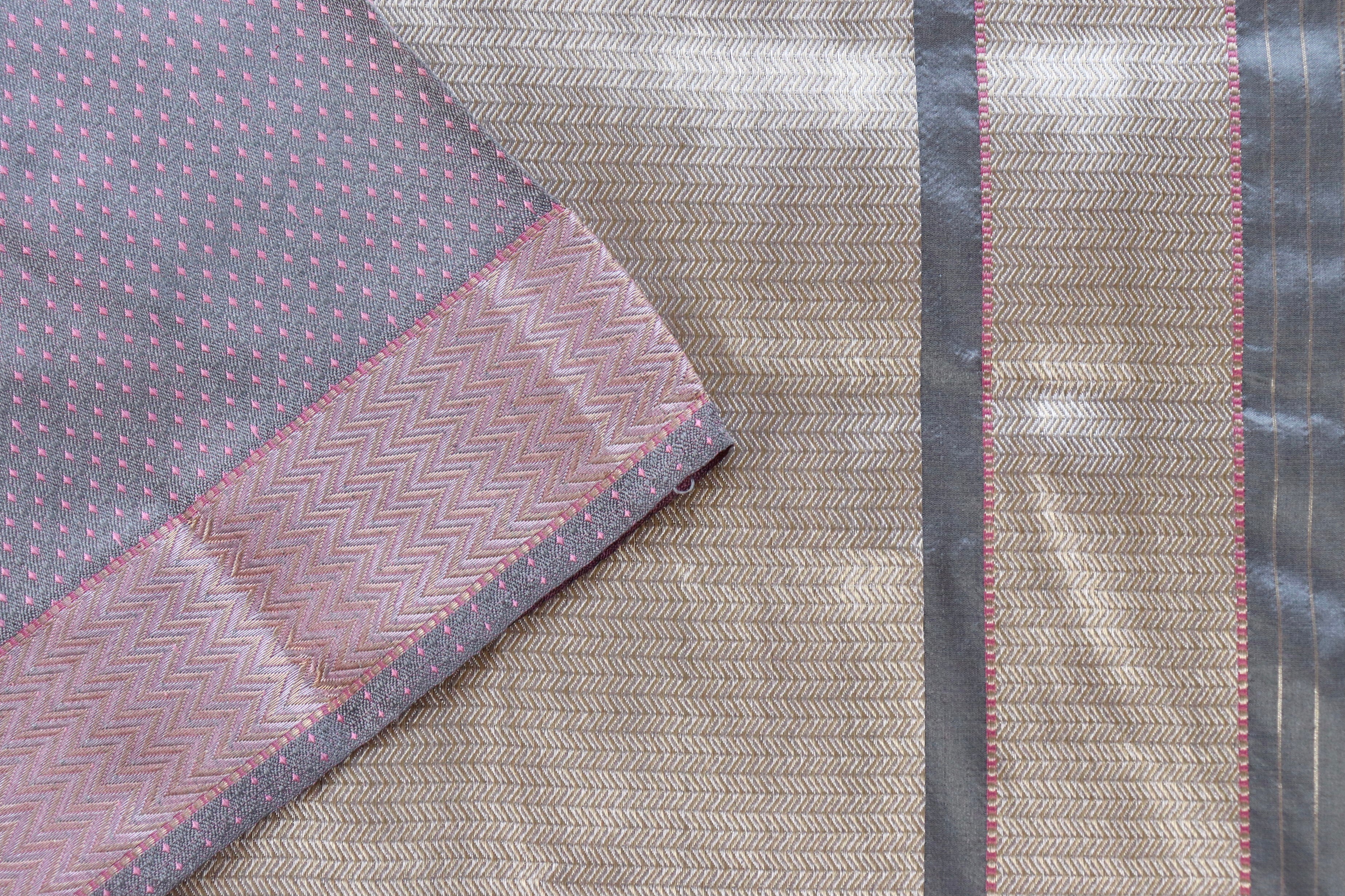 Pink And Grey Do Rukhi Resham Handwoven Banarasi Tanchoi Silk Saree