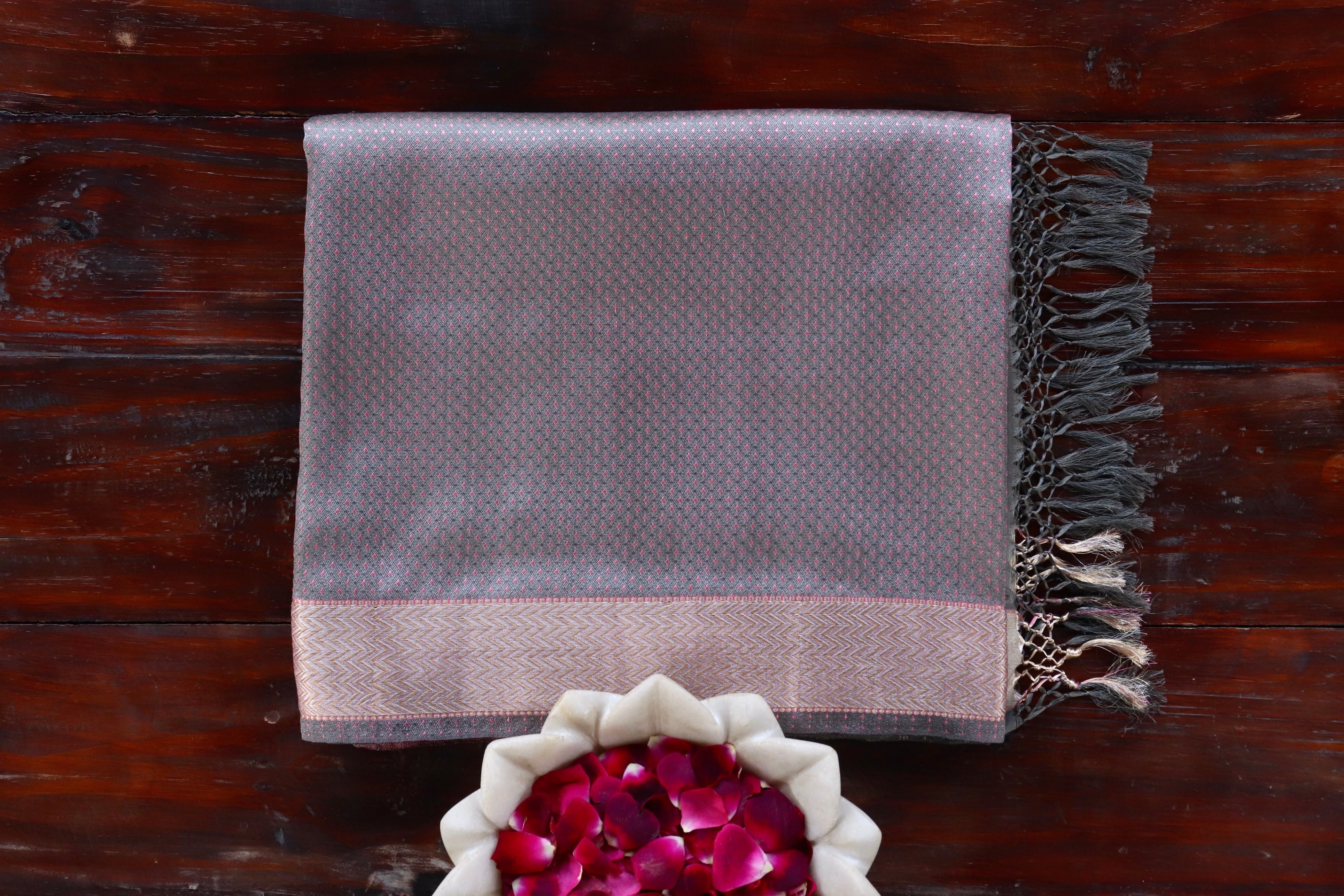 Pink And Grey Do Rukhi Resham Handwoven Banarasi Tanchoi Silk Saree