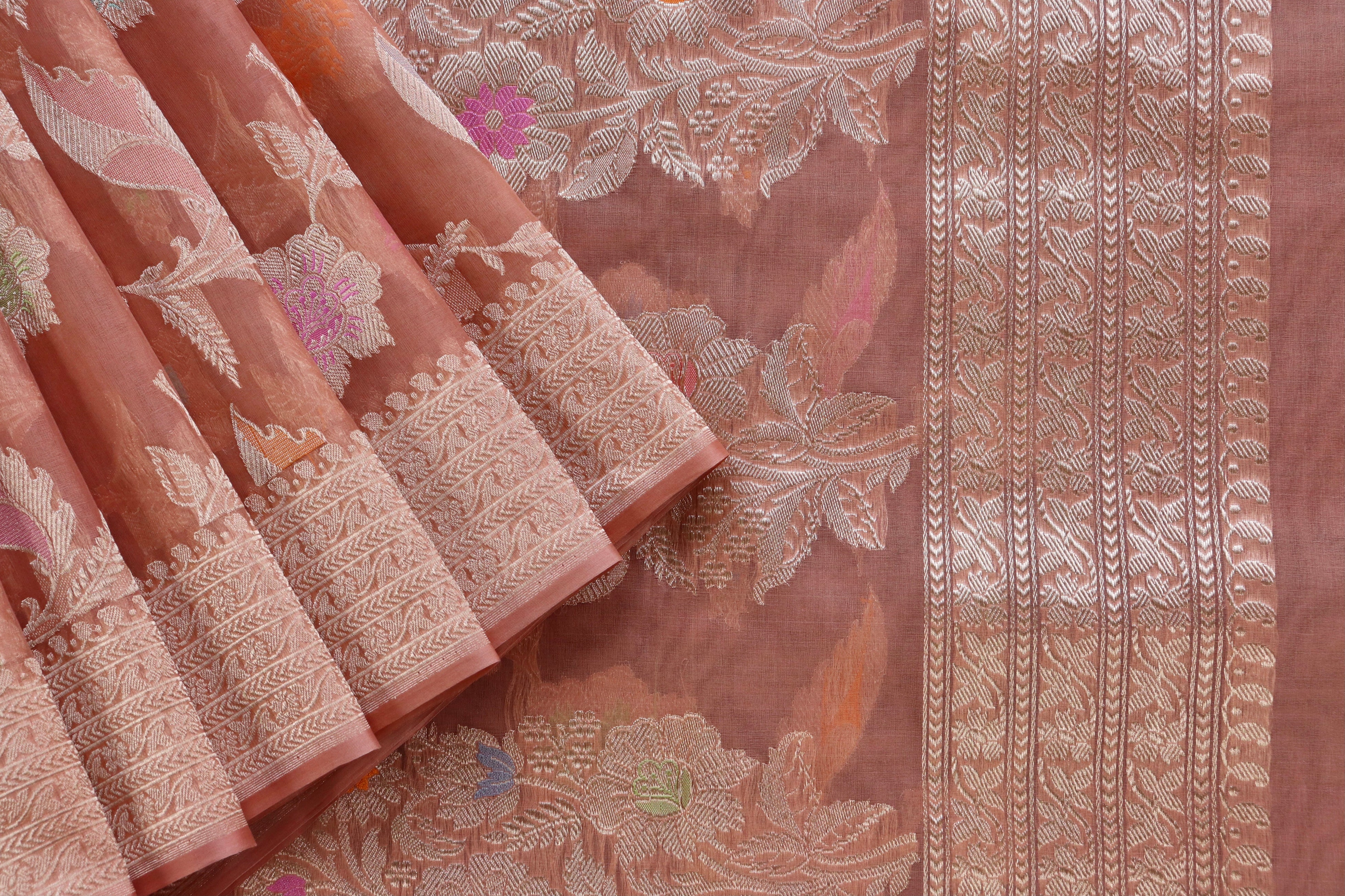 Peach Kadhua Kora Jangla Handwoven Saree