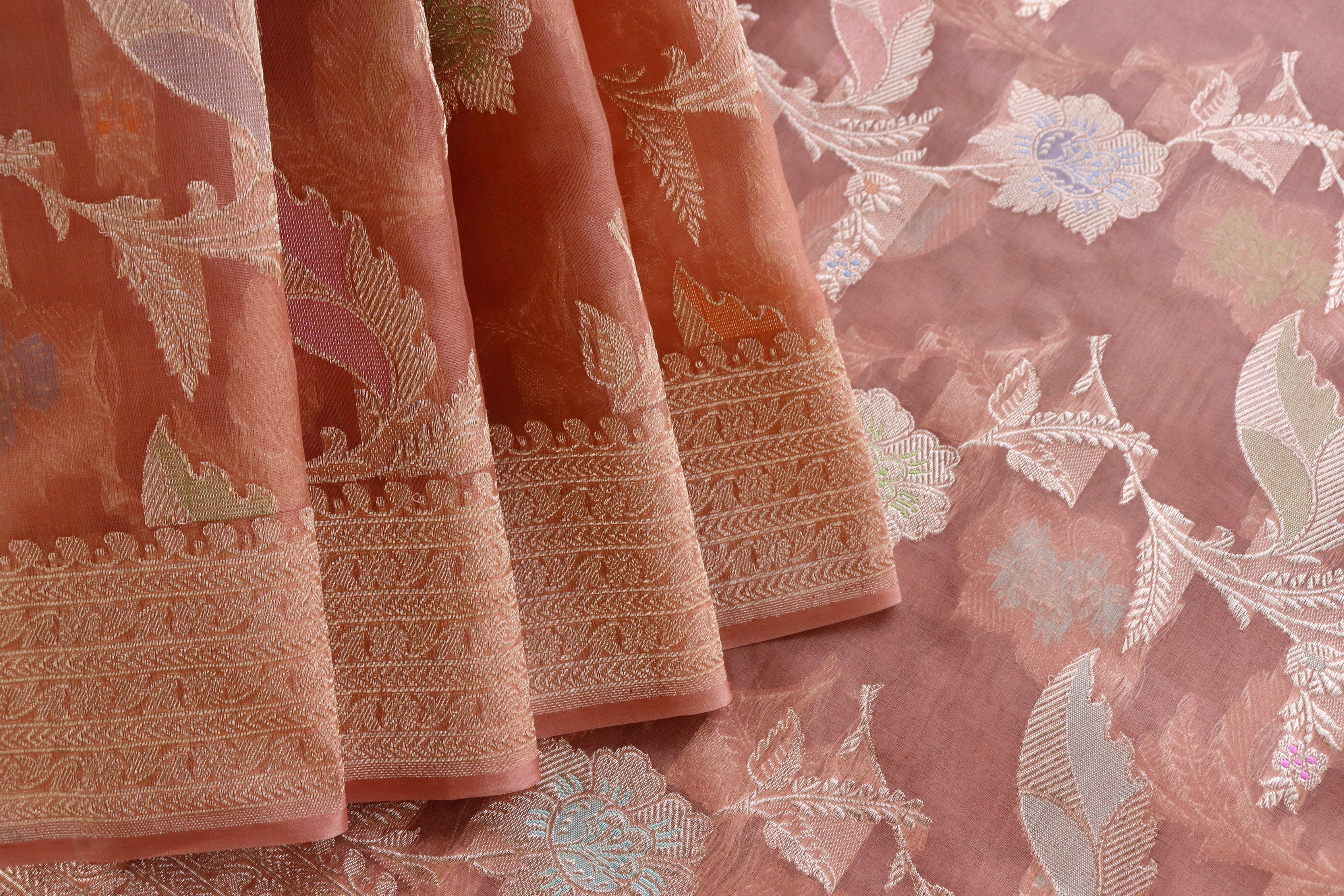 Peach Kadhua Kora Jangla Handwoven Saree