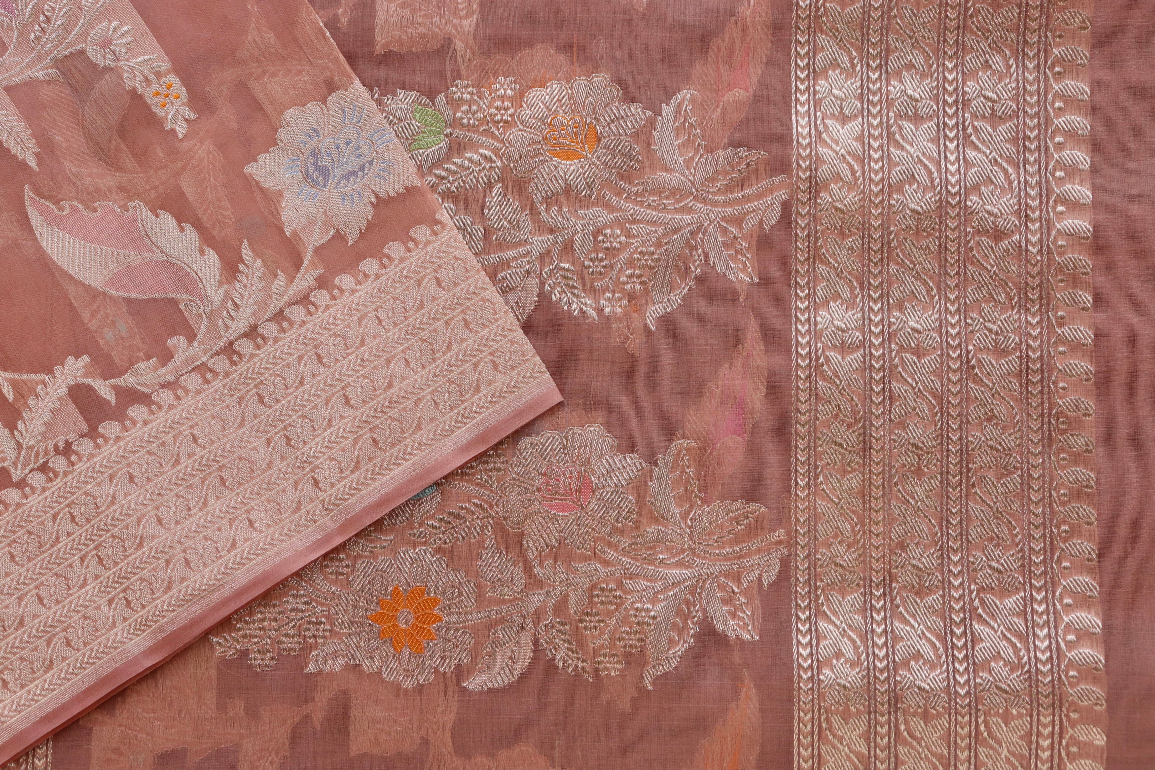 Peach Kadhua Kora Jangla Handwoven Saree