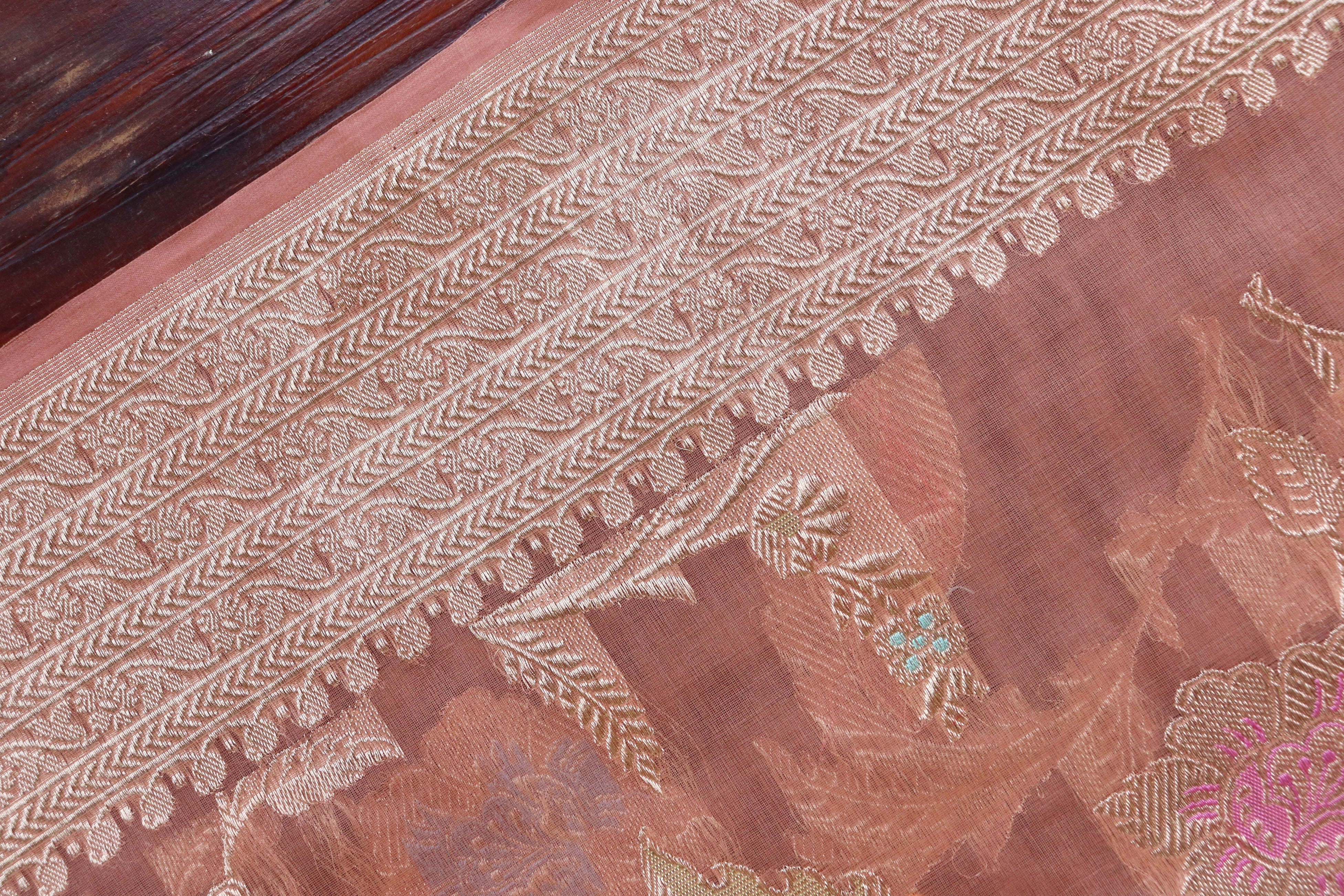 Peach Kadhua Kora Jangla Handwoven Saree