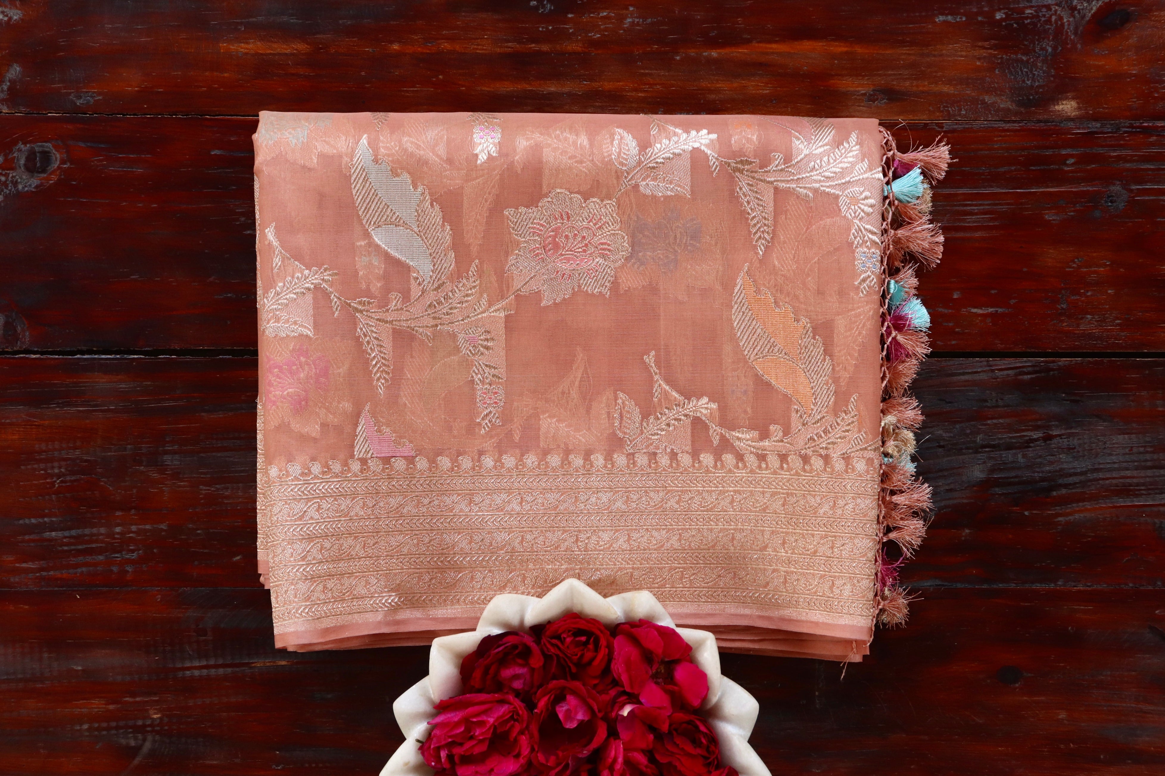 Peach Kadhua Kora Jangla Handwoven Saree