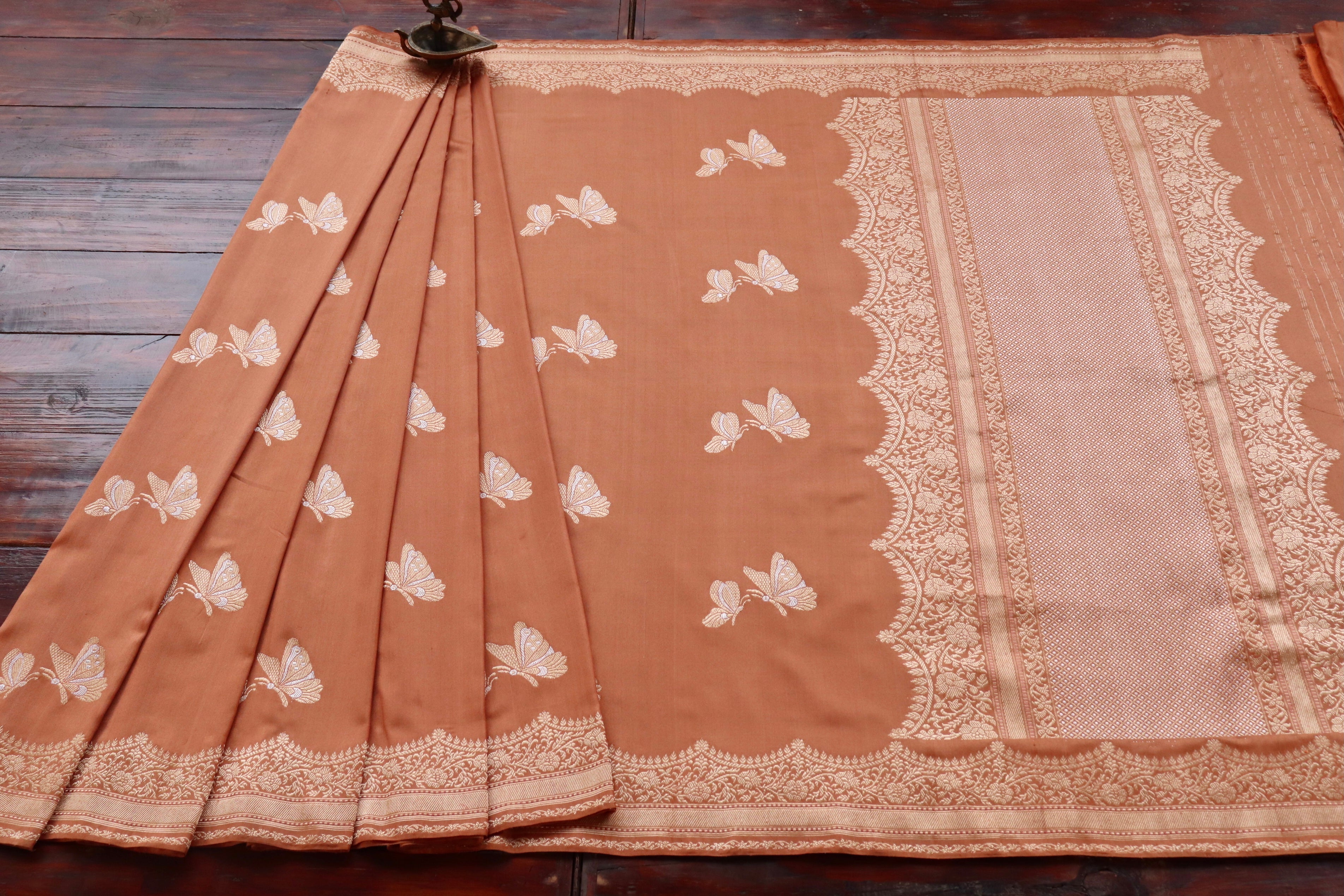 Brown Butterfly Motif Pure Silk Handloom Banarasi Saree