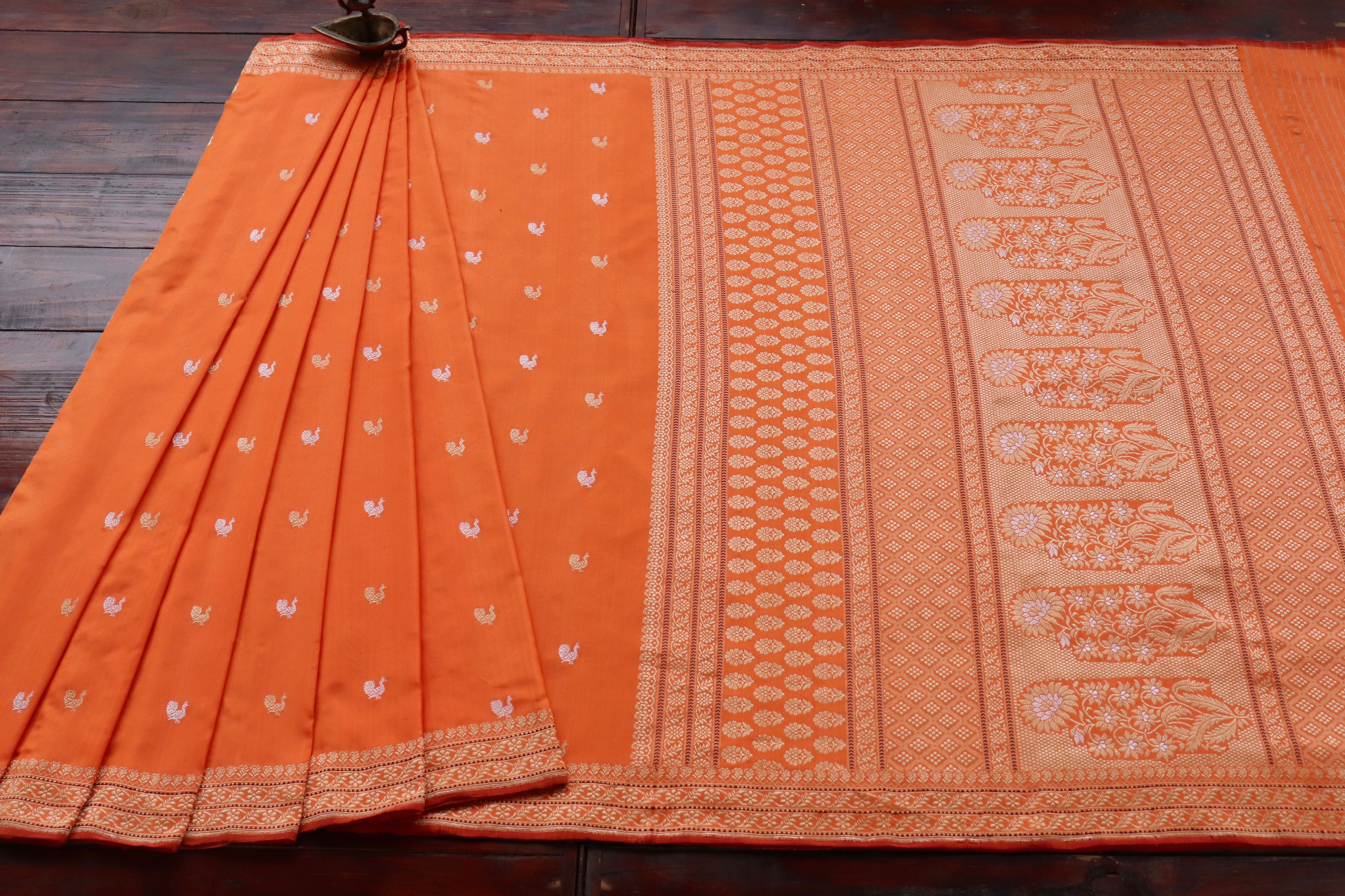 Orange Peacock Motif Pure Silk Handloom Banarasi Saree