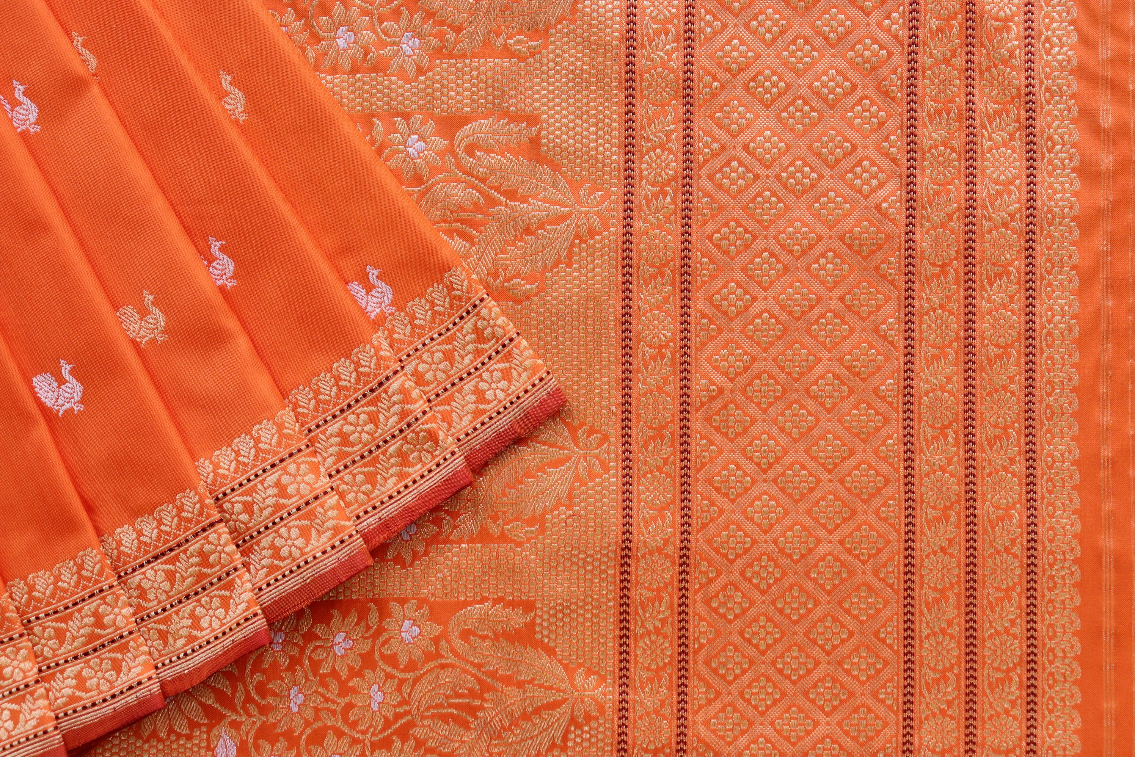 Orange Peacock Motif Pure Silk Handloom Banarasi Saree