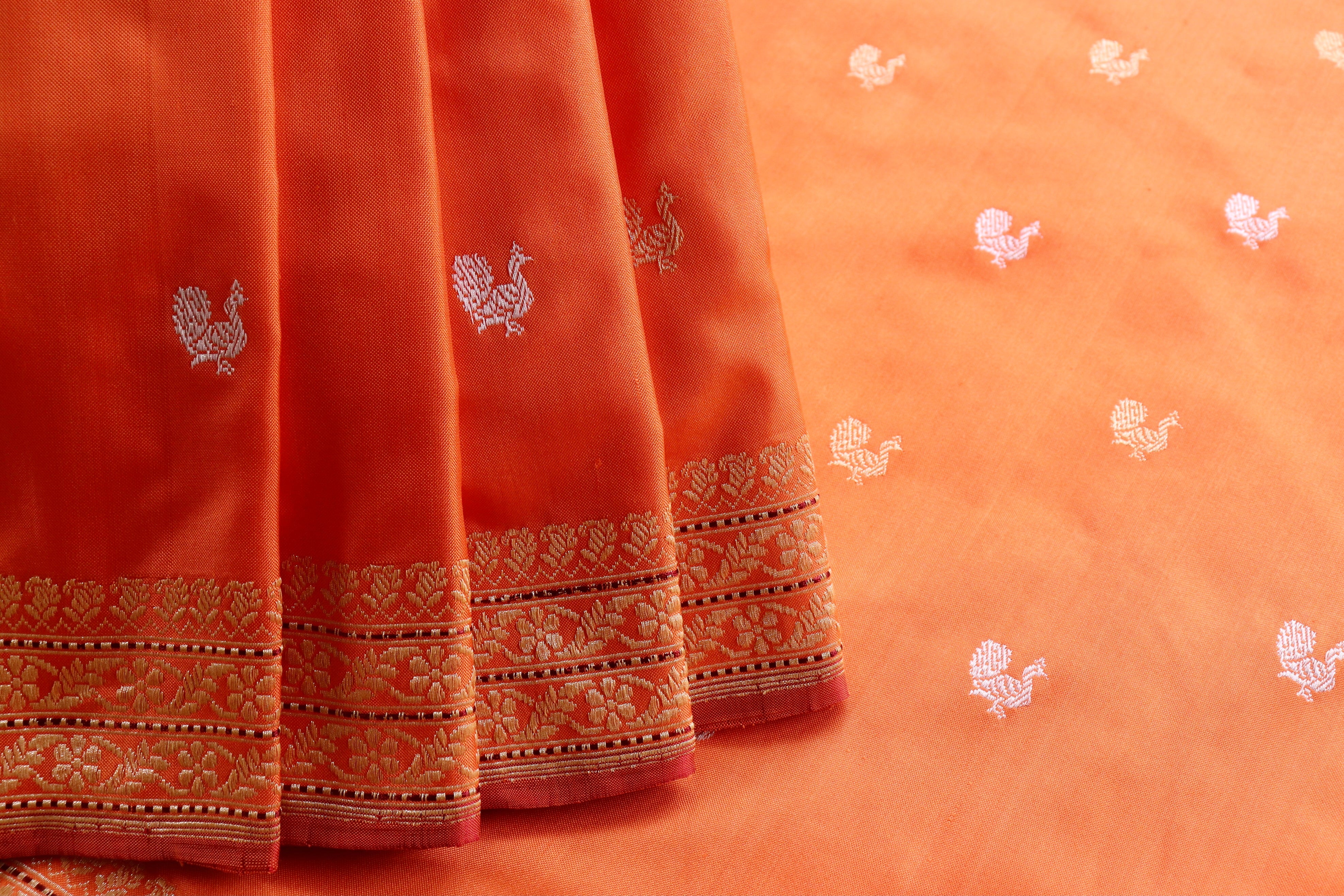 Orange Peacock Motif Pure Silk Handloom Banarasi Saree