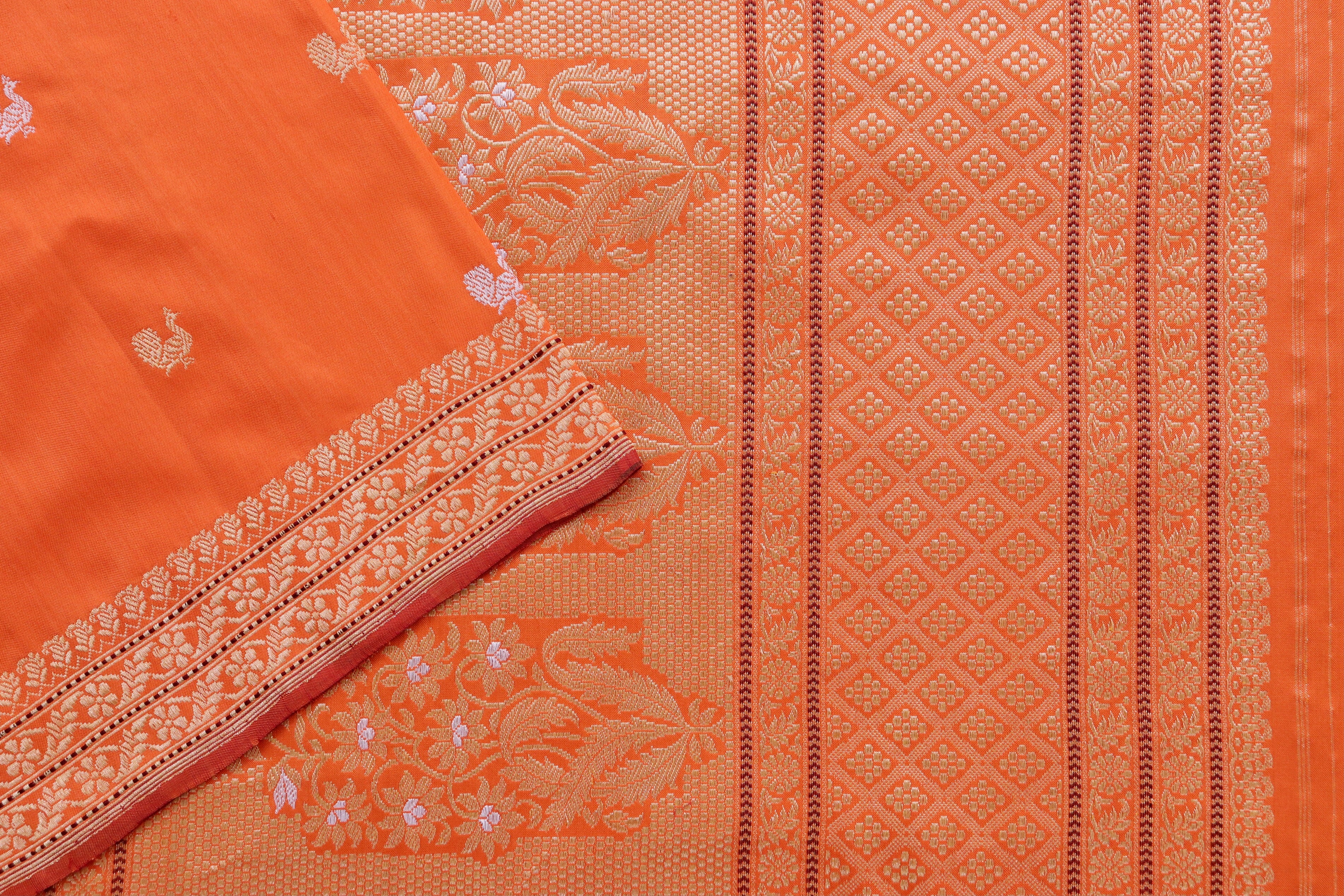 Orange Peacock Motif Pure Silk Handloom Banarasi Saree