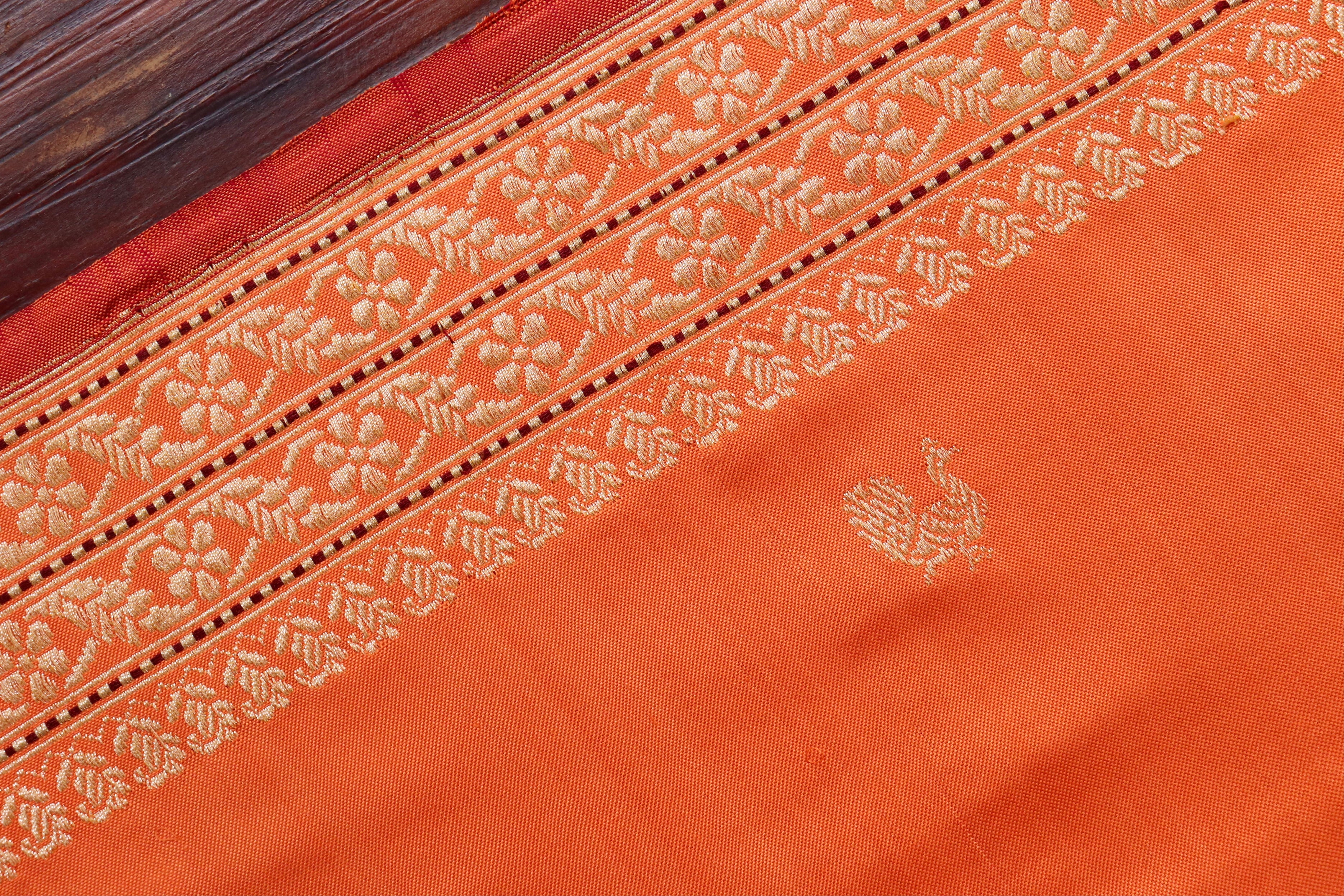 Orange Peacock Motif Pure Silk Handloom Banarasi Saree