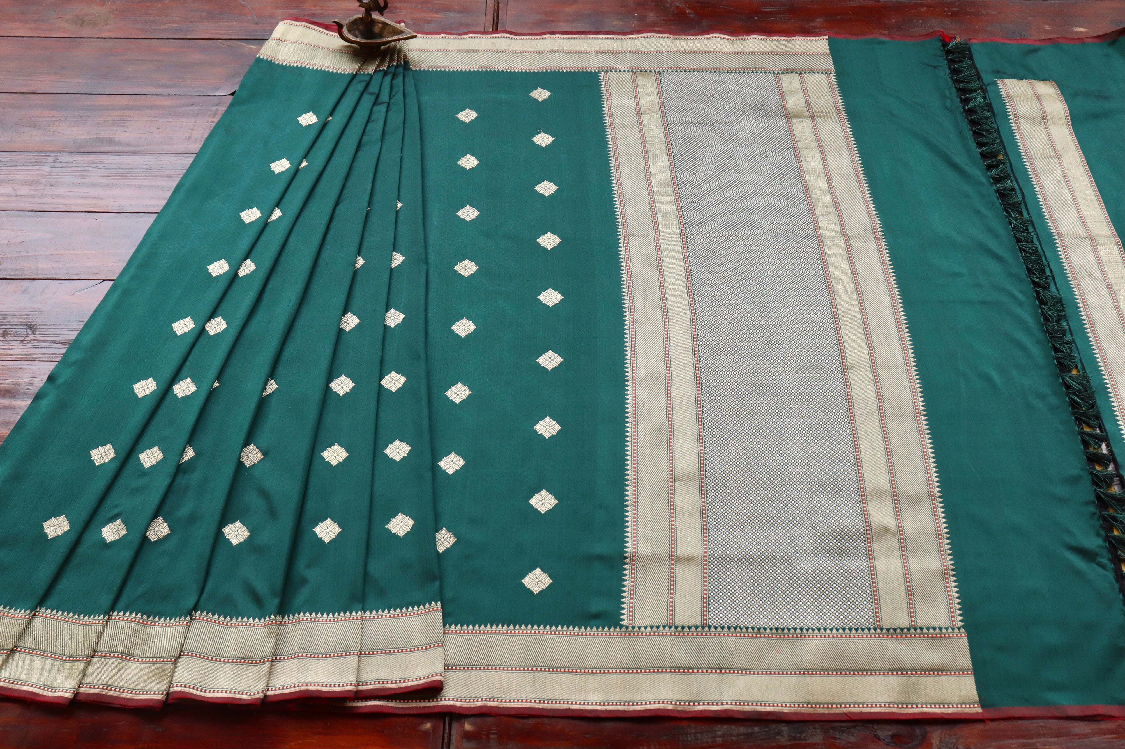 Bottle Green Kadhua Motif Pure Katan Silk Handloom Saree