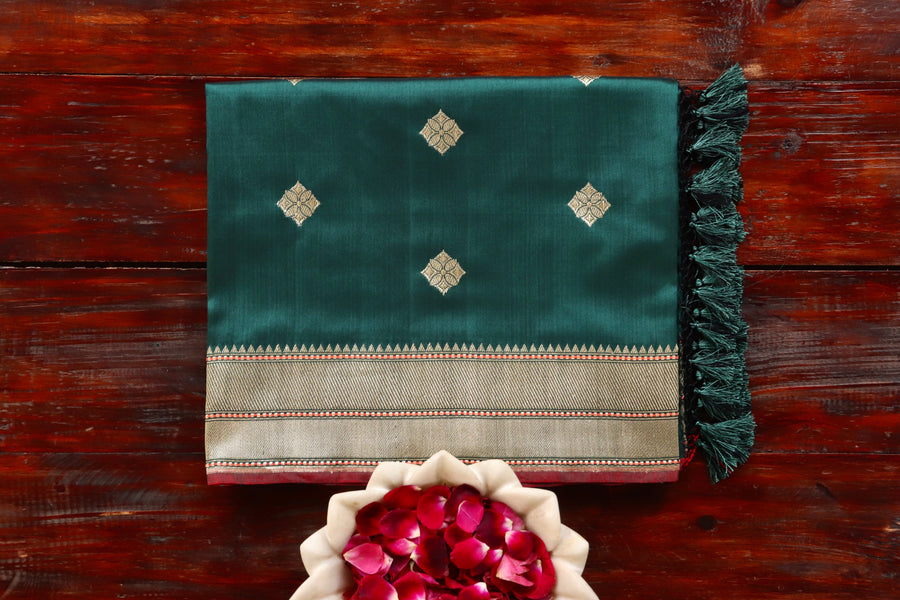 Bottle Green handloom Banarsi saree with kadhua motifs in pure Katan silk