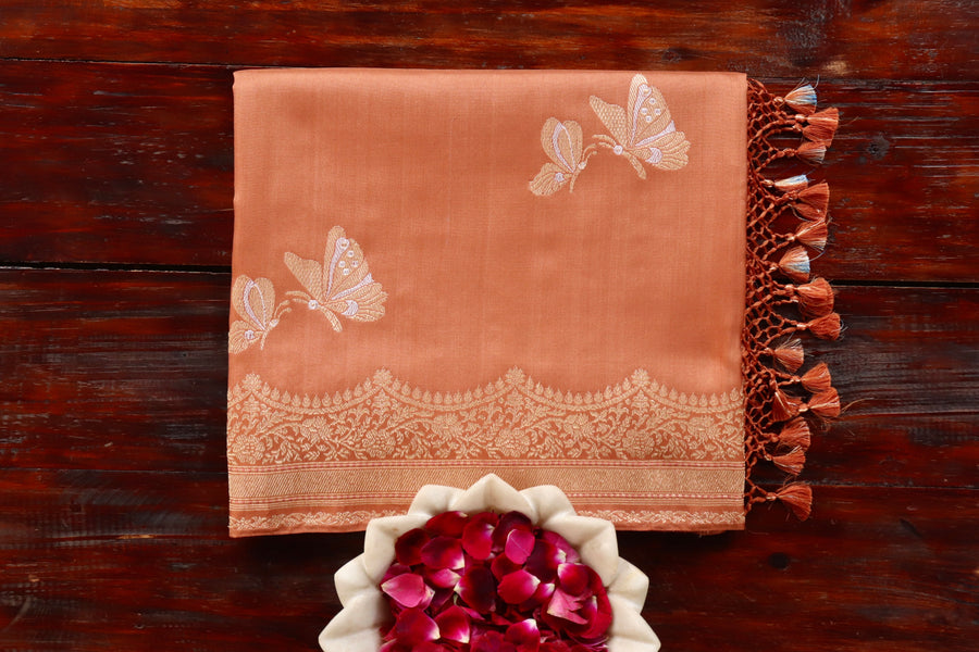 Brown Butterfly pure Katan silk Banarasi saree with thread-by-thread motifs, draped for the camera.