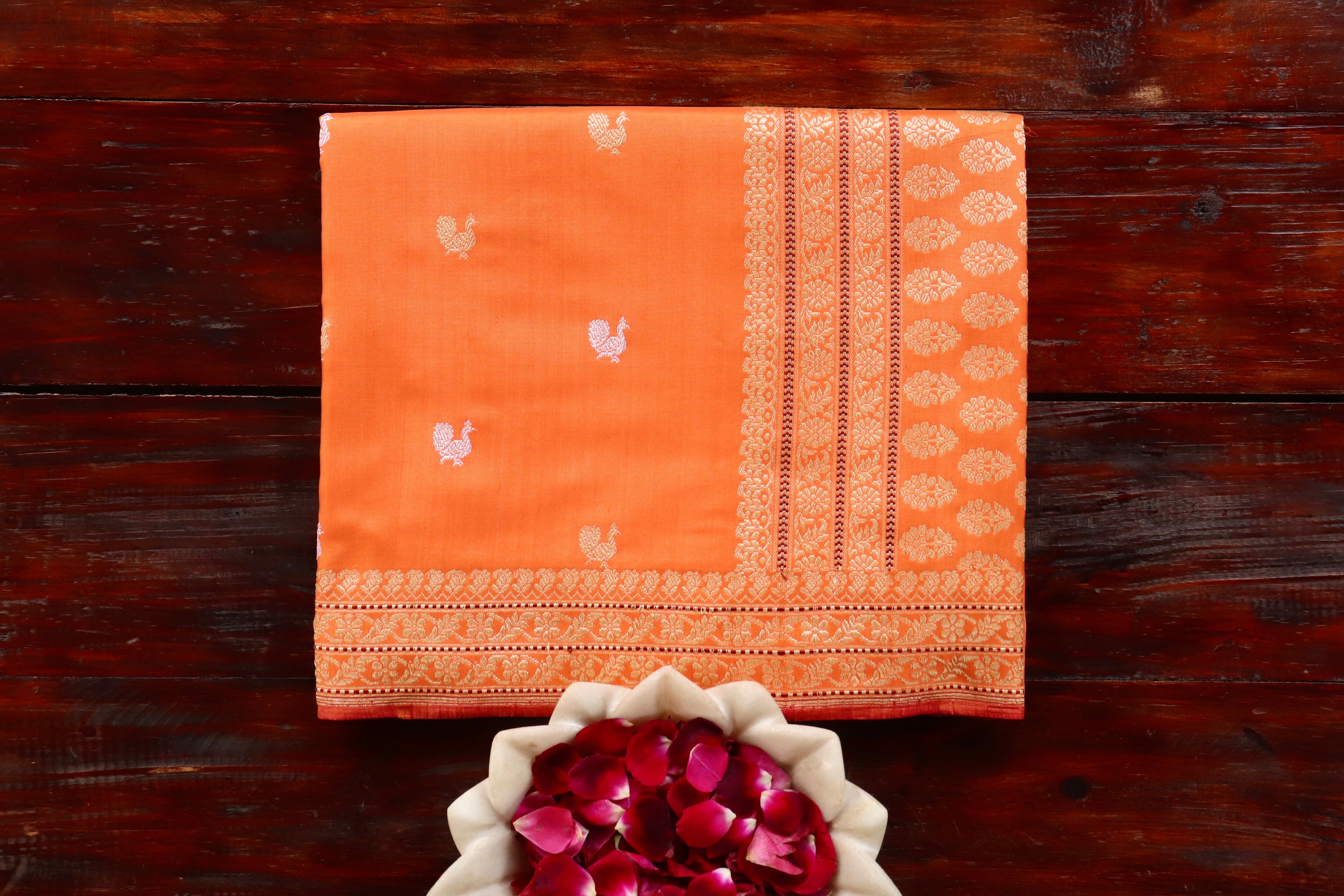 Orange Peacock Motif Pure Silk Handloom Banarasi Saree