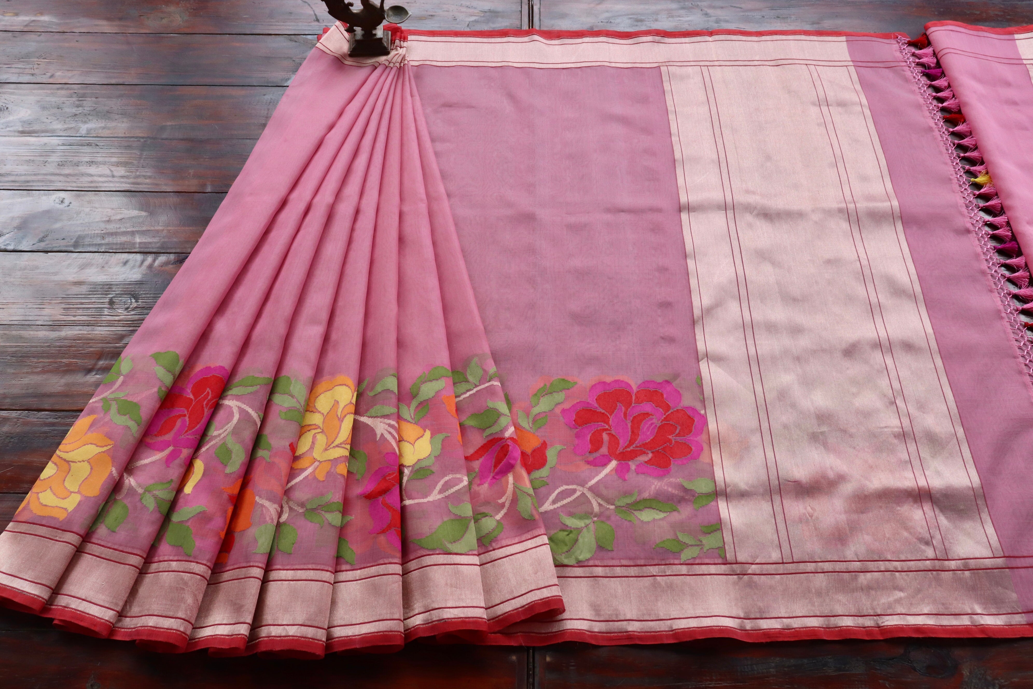 Pink Pure Kora Silk Handloom Banarasi Saree