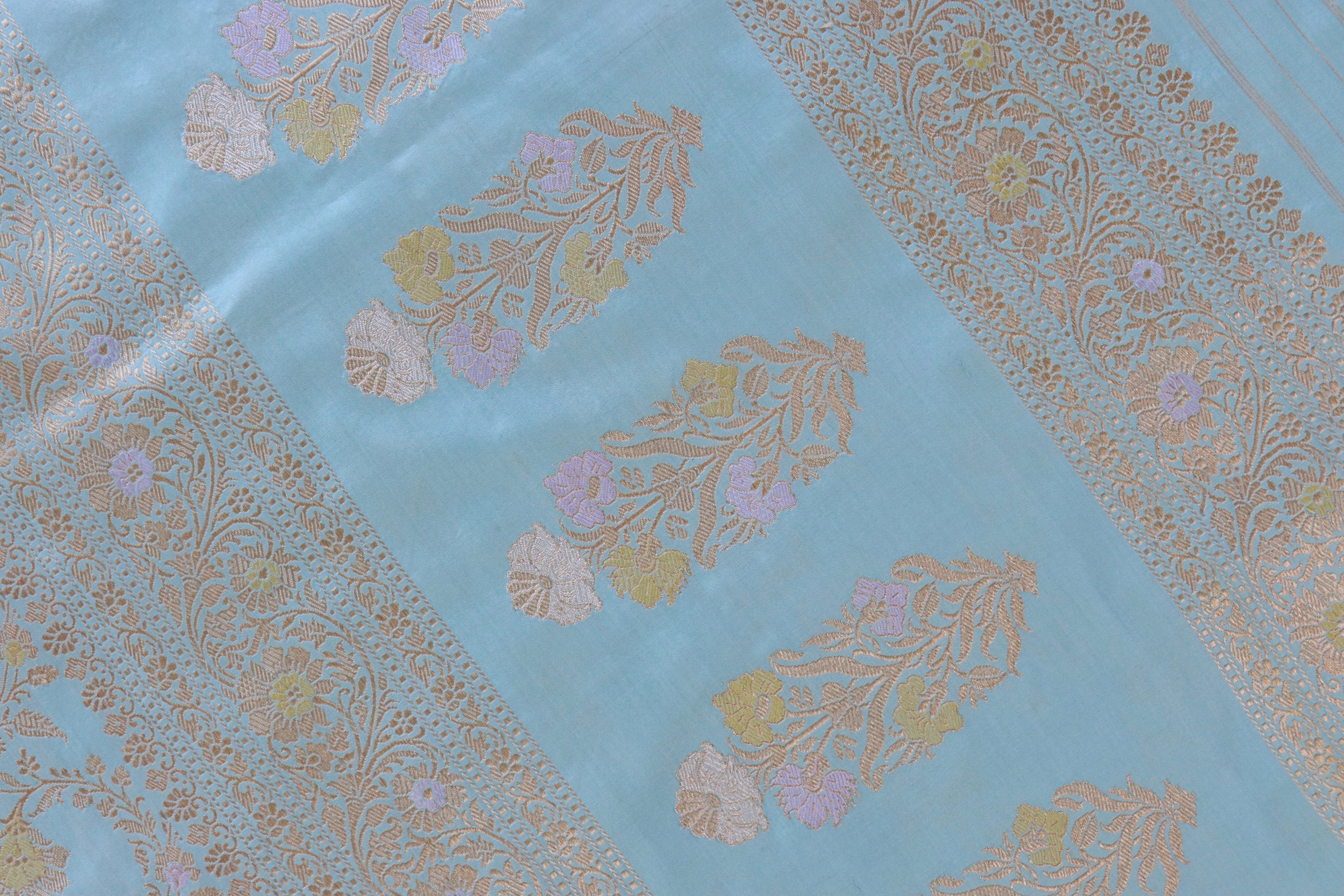 Sky Blue Jangla Pure Silk Handloom Banarasi Saree