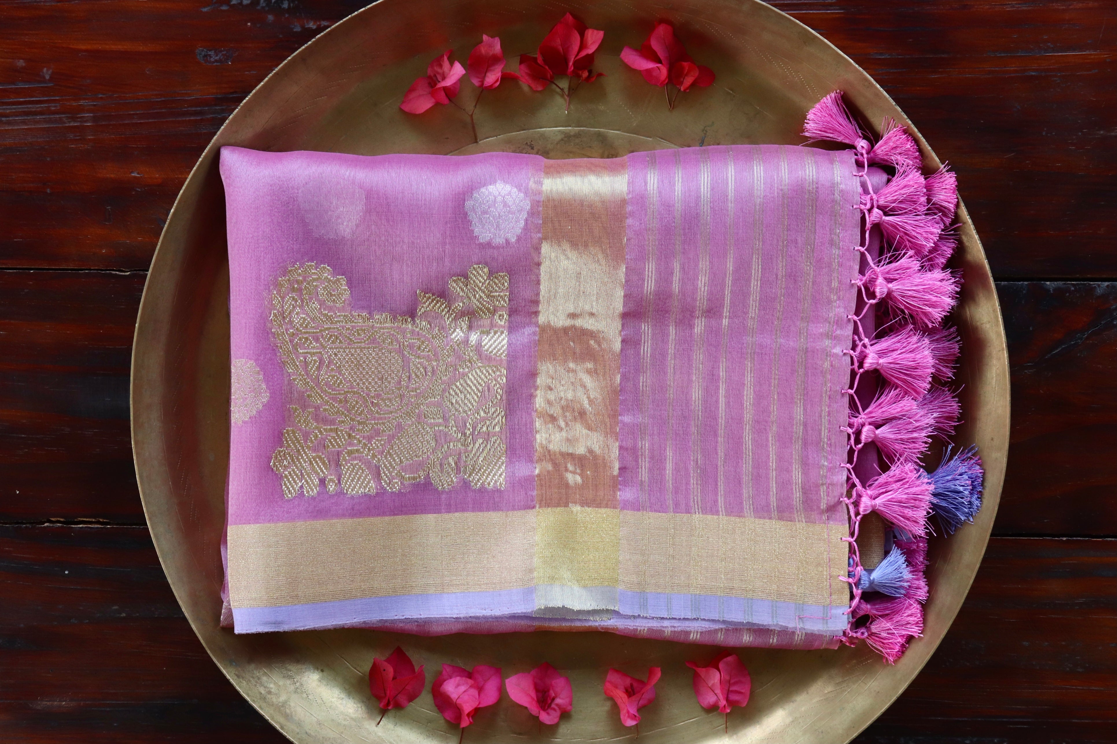 Pink Sona Rupa Pure Kora Silk Handloom Banarasi Dupatta