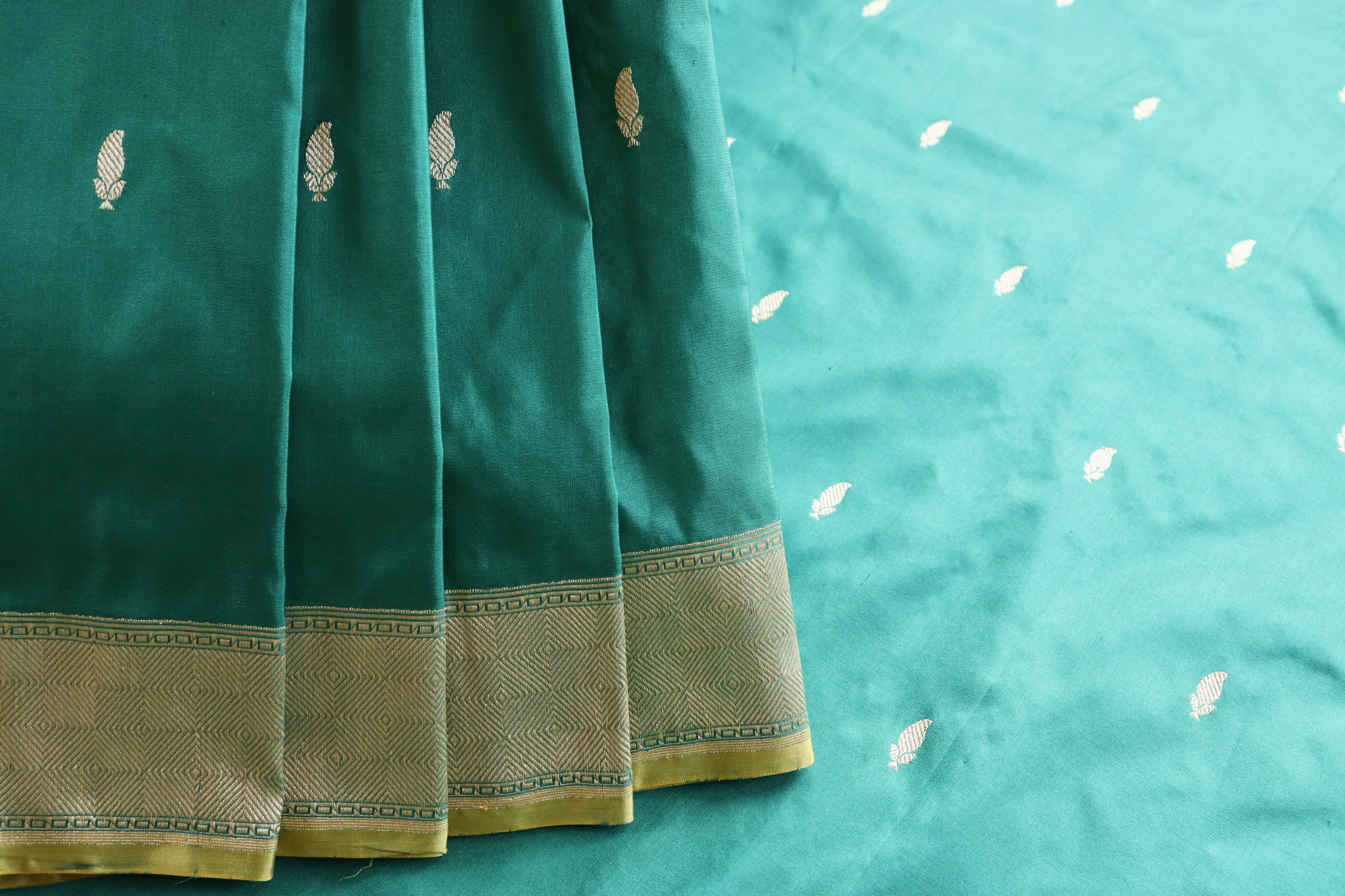 Teal Green Kairy Kuniya Pure Silk Handloom Banarasi Saree