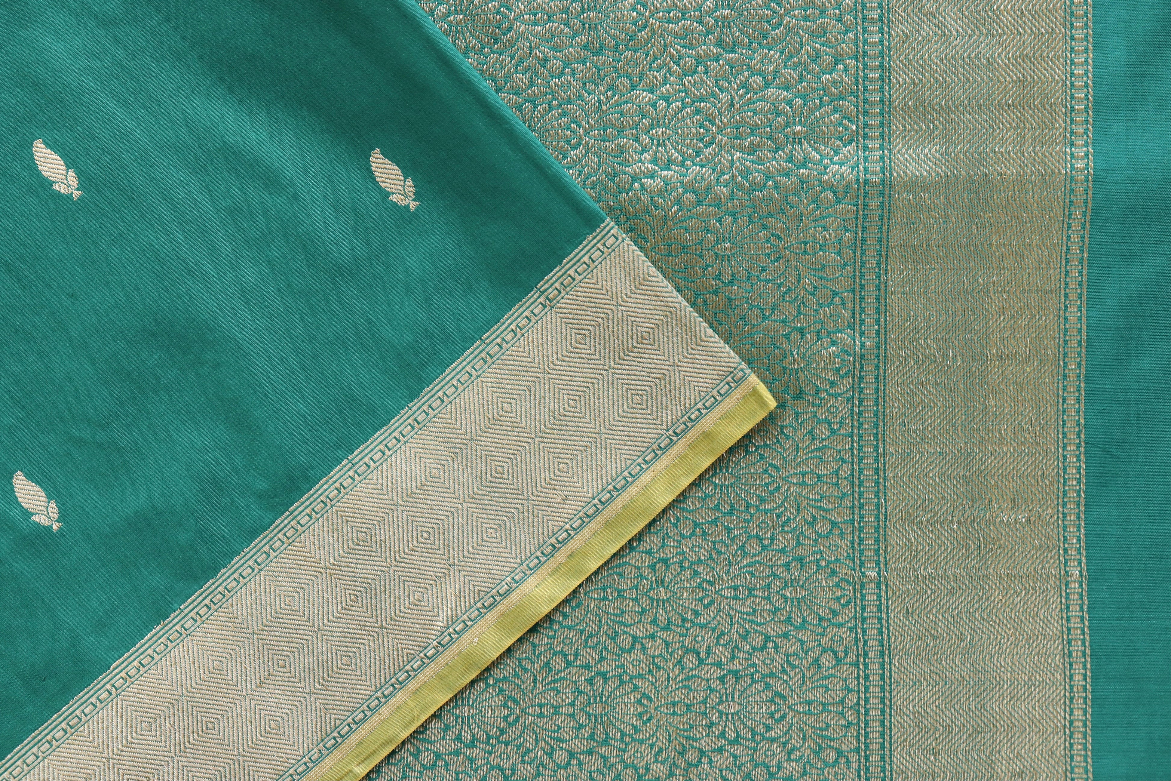 Teal Green Kairy Kuniya Pure Silk Handloom Banarasi Saree