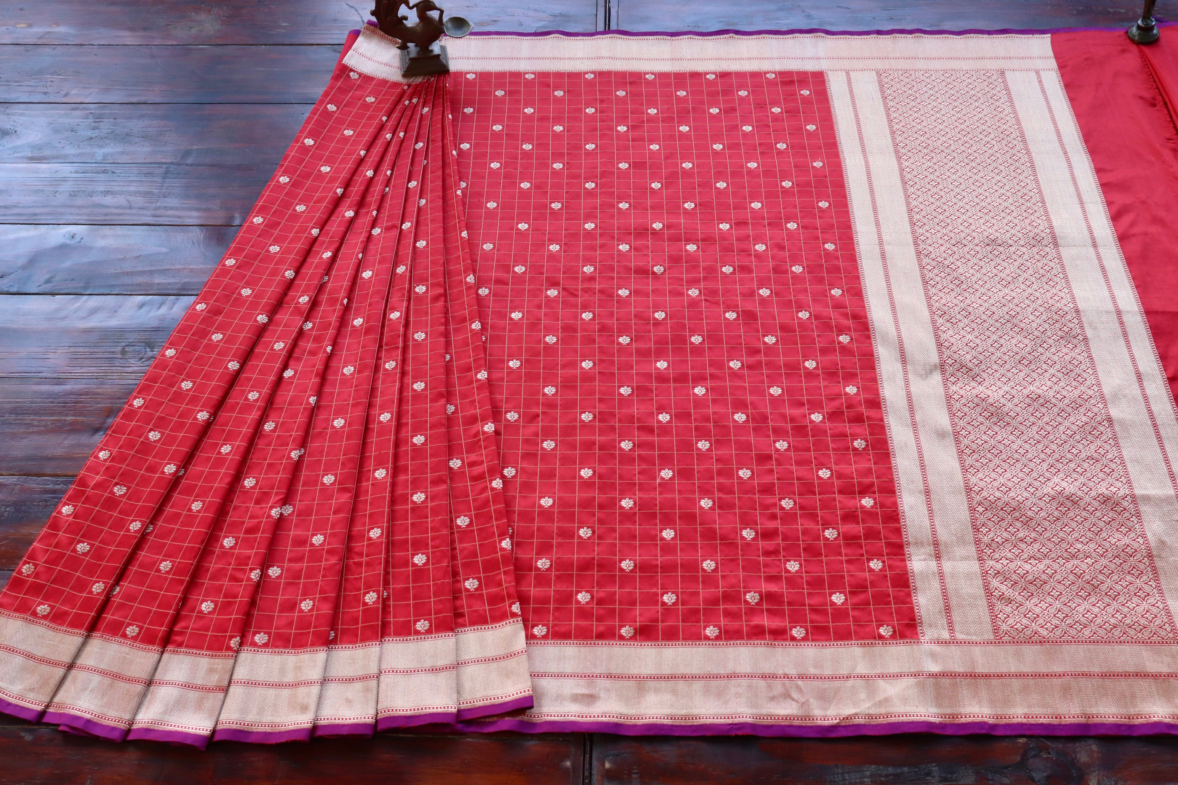 Red Check Pure Silk Handloom Banarasi Saree