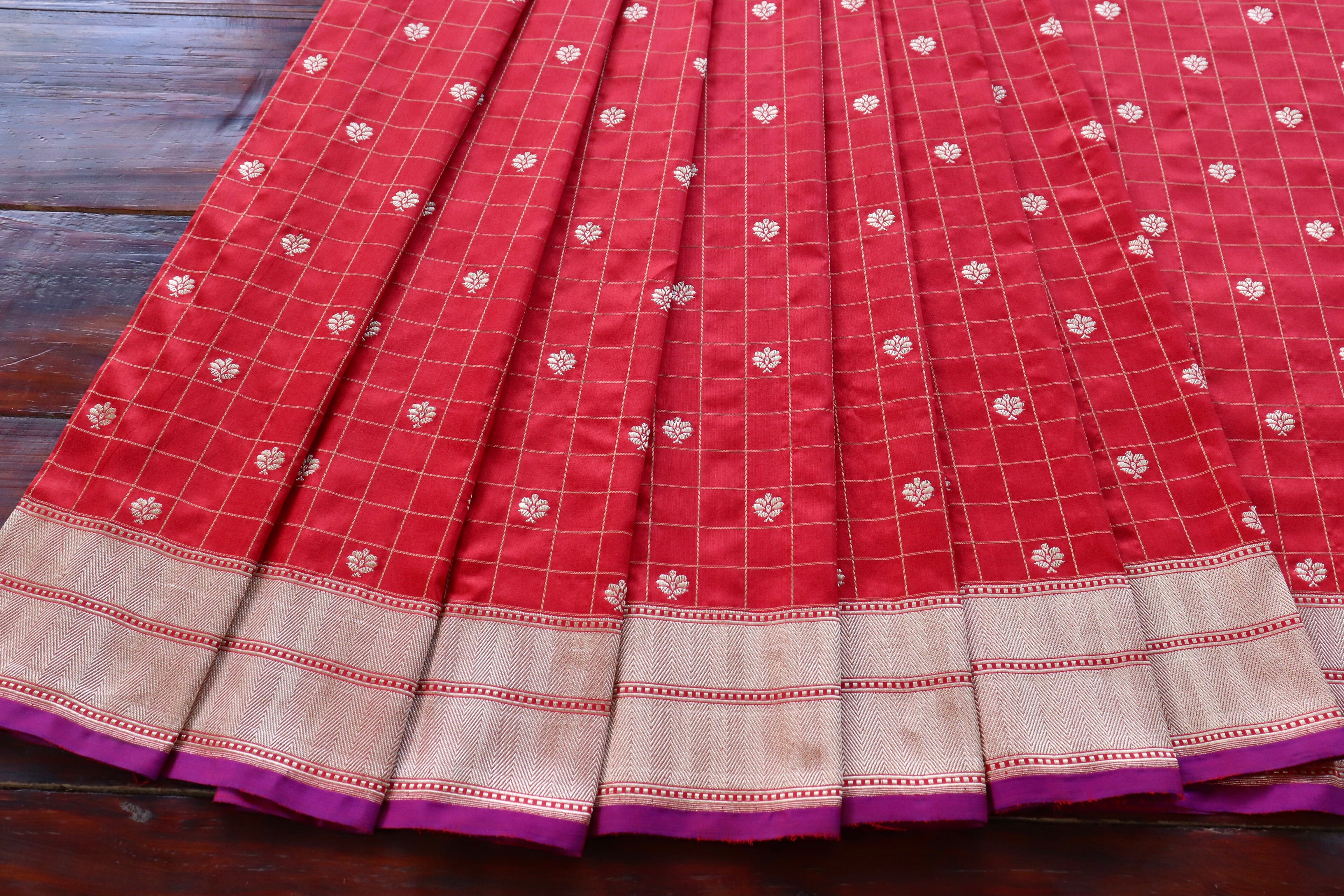 Red Check Pure Silk Handloom Banarasi Saree