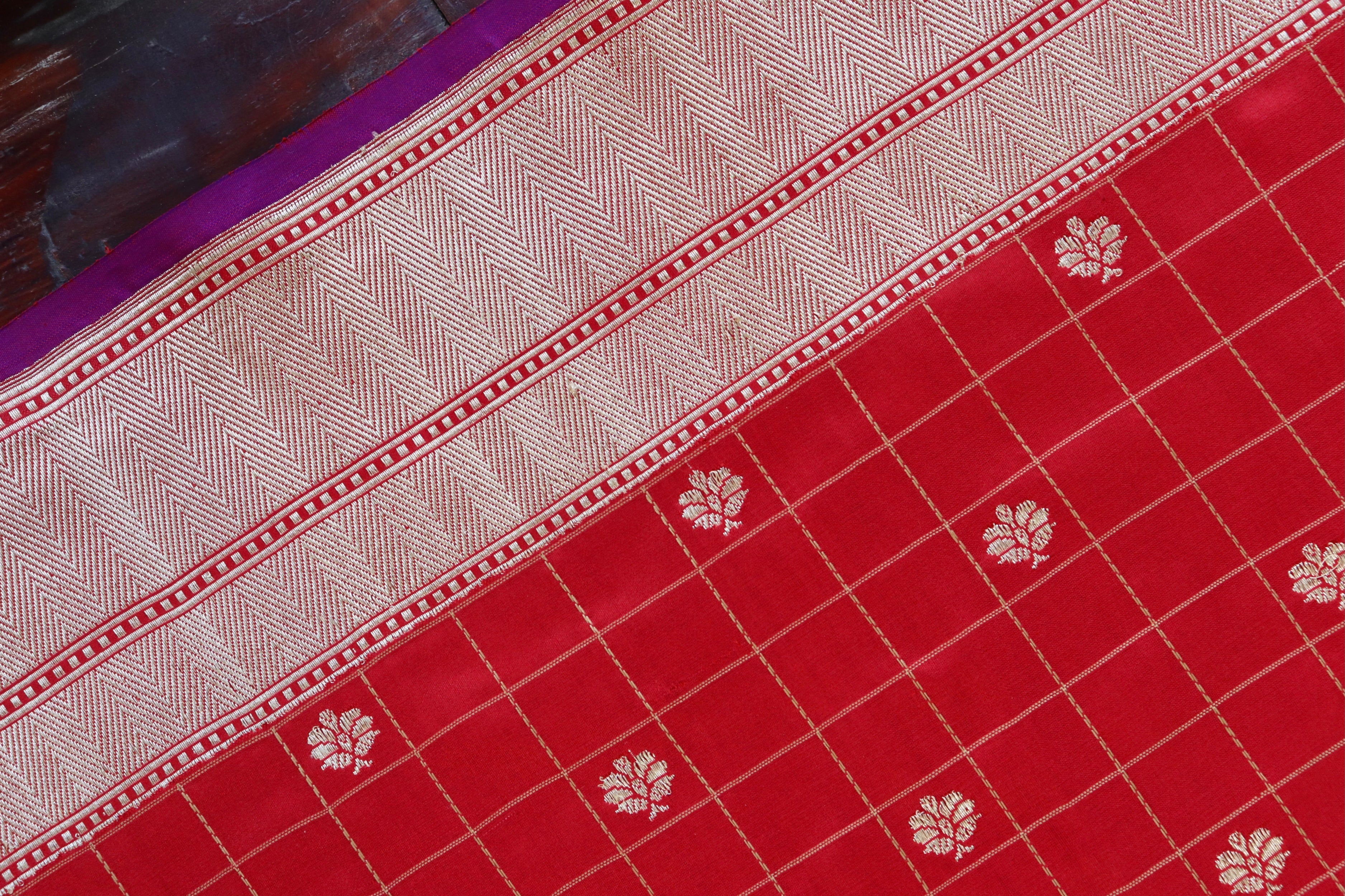 Red Check Pure Silk Handloom Banarasi Saree