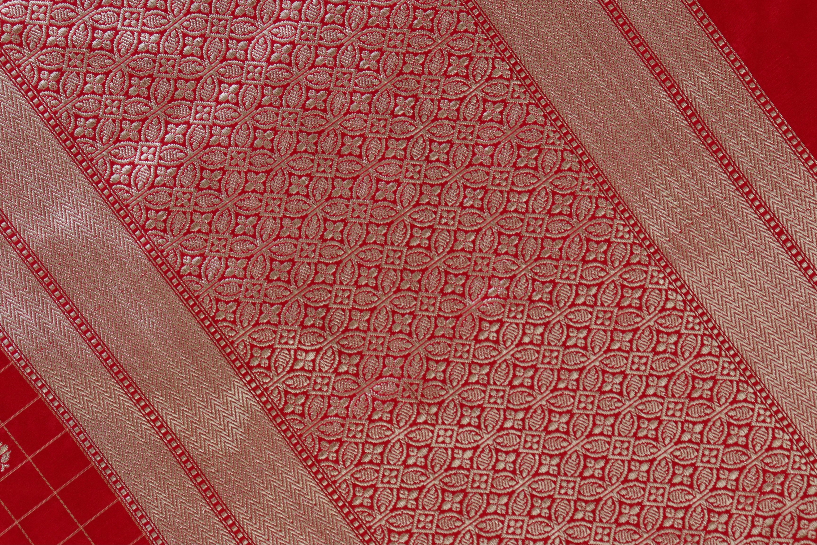 Red Check Pure Silk Handloom Banarasi Saree